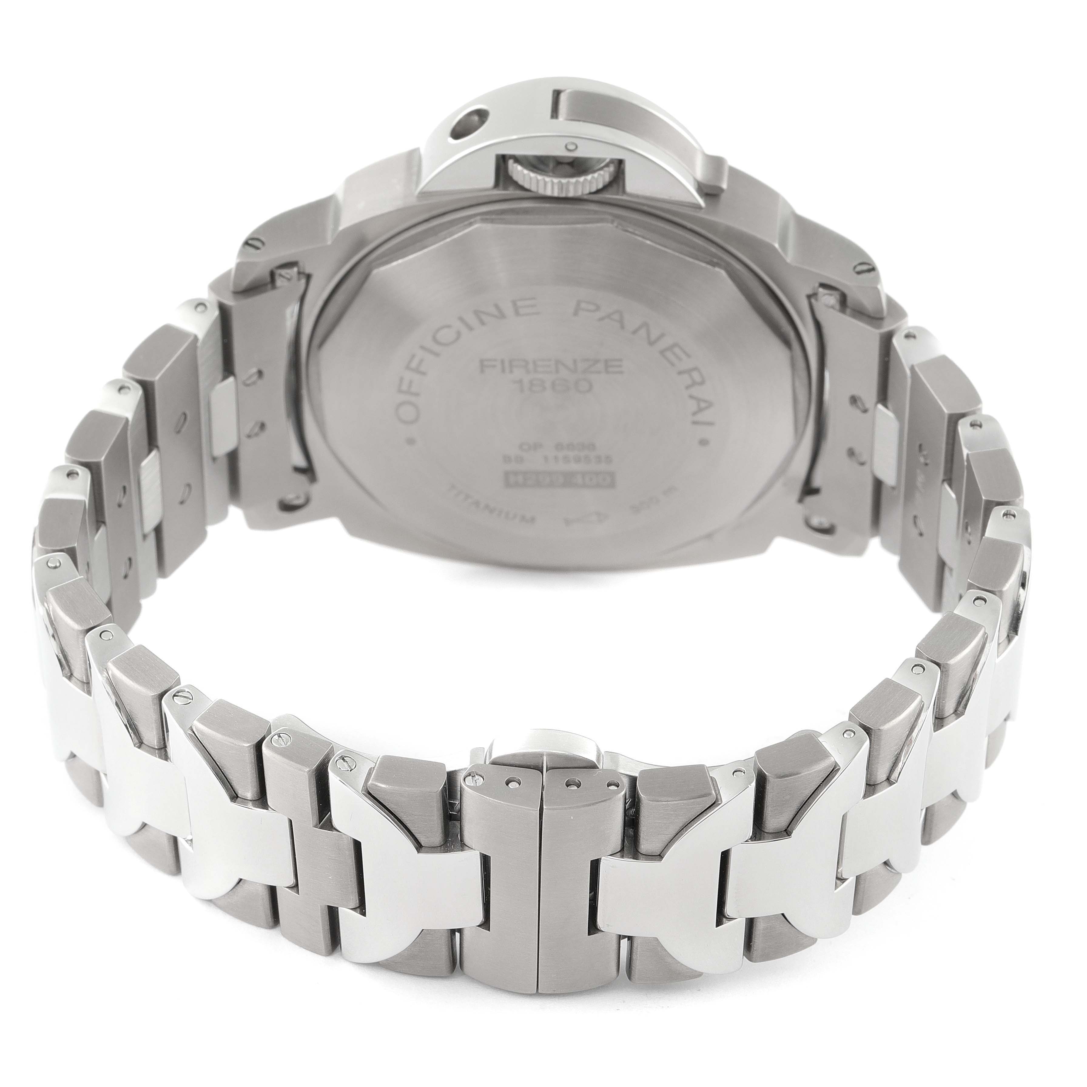 The image shows the back of a Panerai Luminor PAM00171 Men's Titanium Black Dial PAM00171 Men's Titanium Black Dial watch, focusing on the case back and stainless steel bracelet.