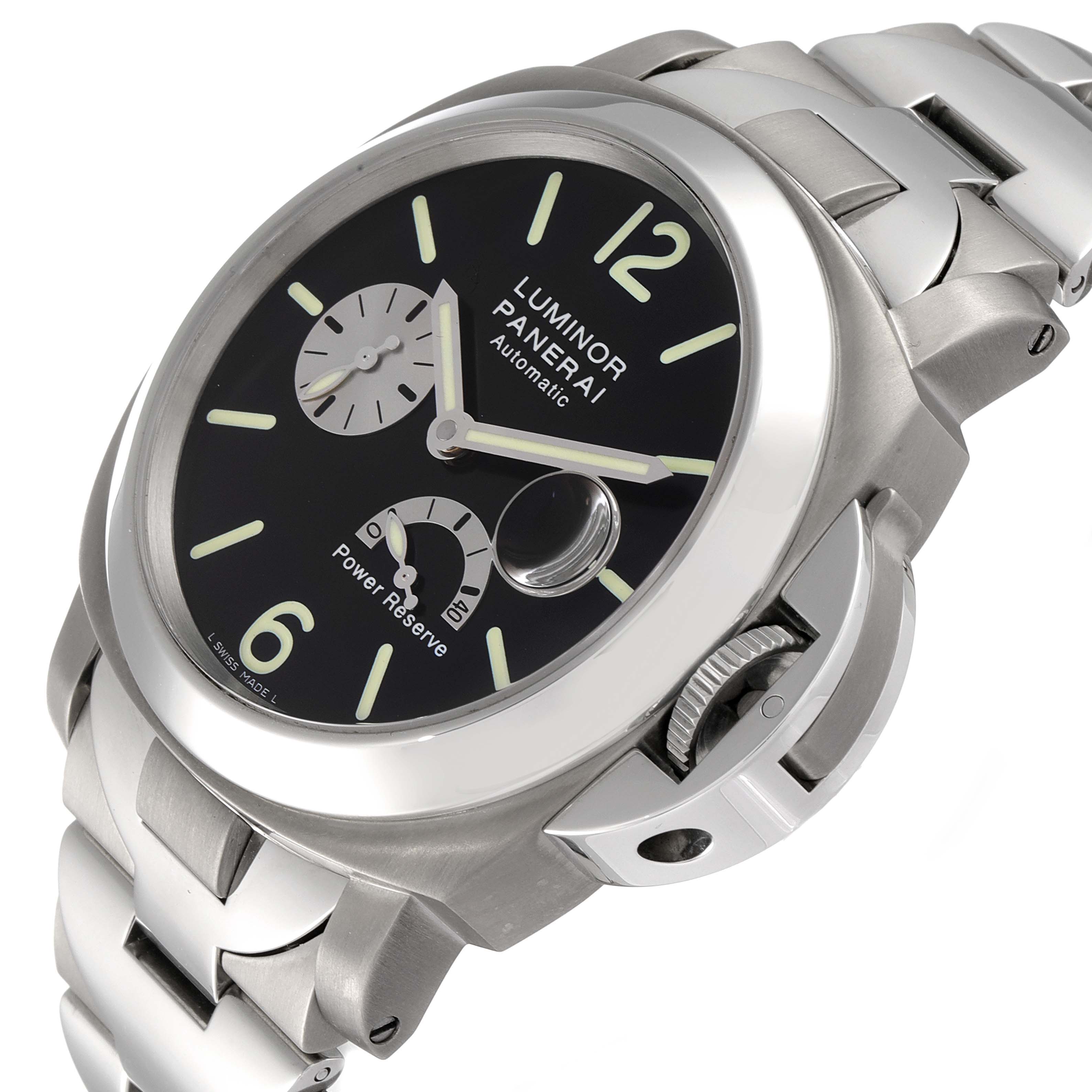 The Panerai Luminor PAM00171 Men's Titanium Black Dial PAM00171 Men's Titanium Black Dial watch is shown at a slightly angled side view, highlighting the dial, crown guard, and stainless steel bracelet.