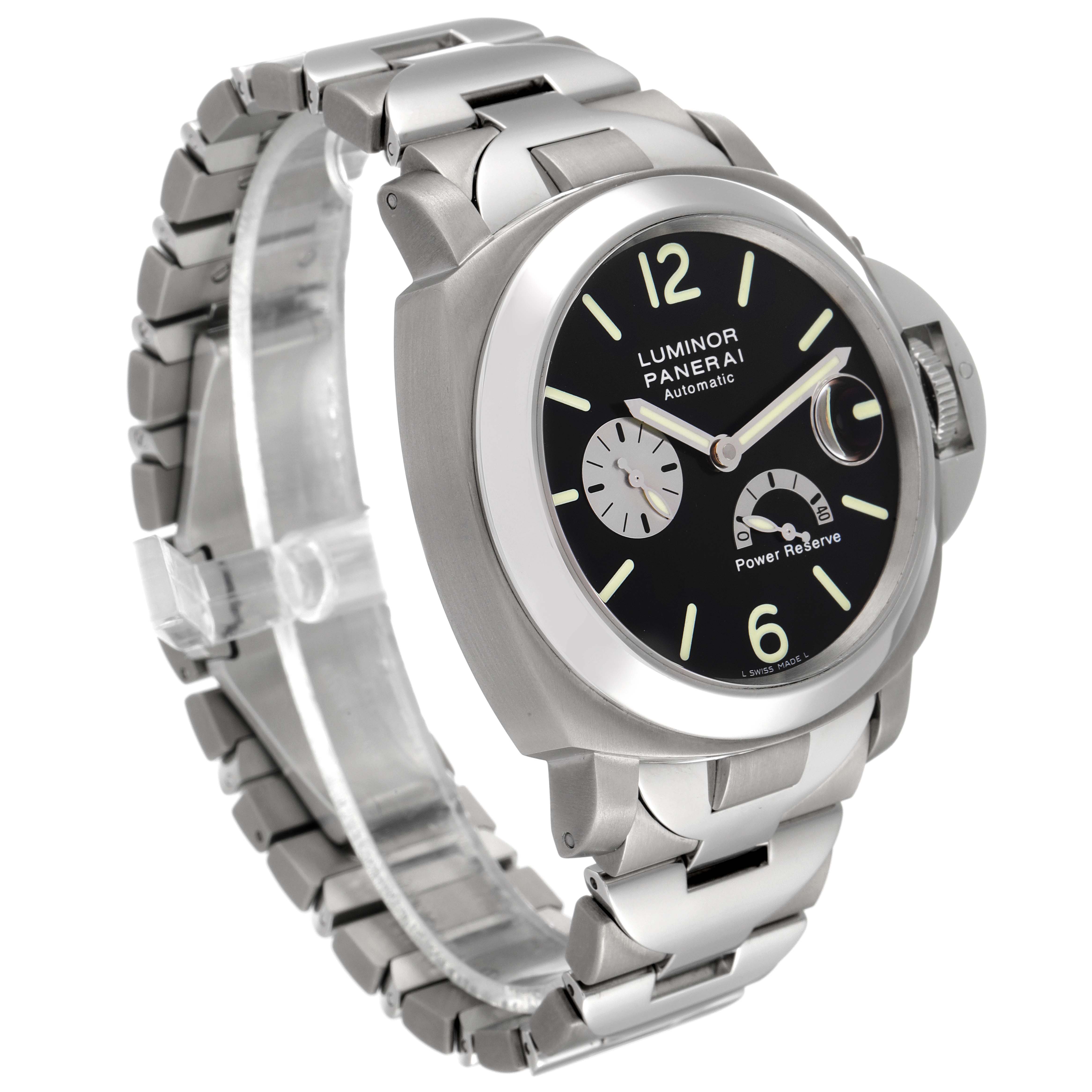 The image shows a Panerai Luminor PAM00171 Men's Titanium Black Dial PAM00171 Men's Titanium Black Dial watch at a three-quarter angle, highlighting its bracelet, dial, and power reserve indicator.