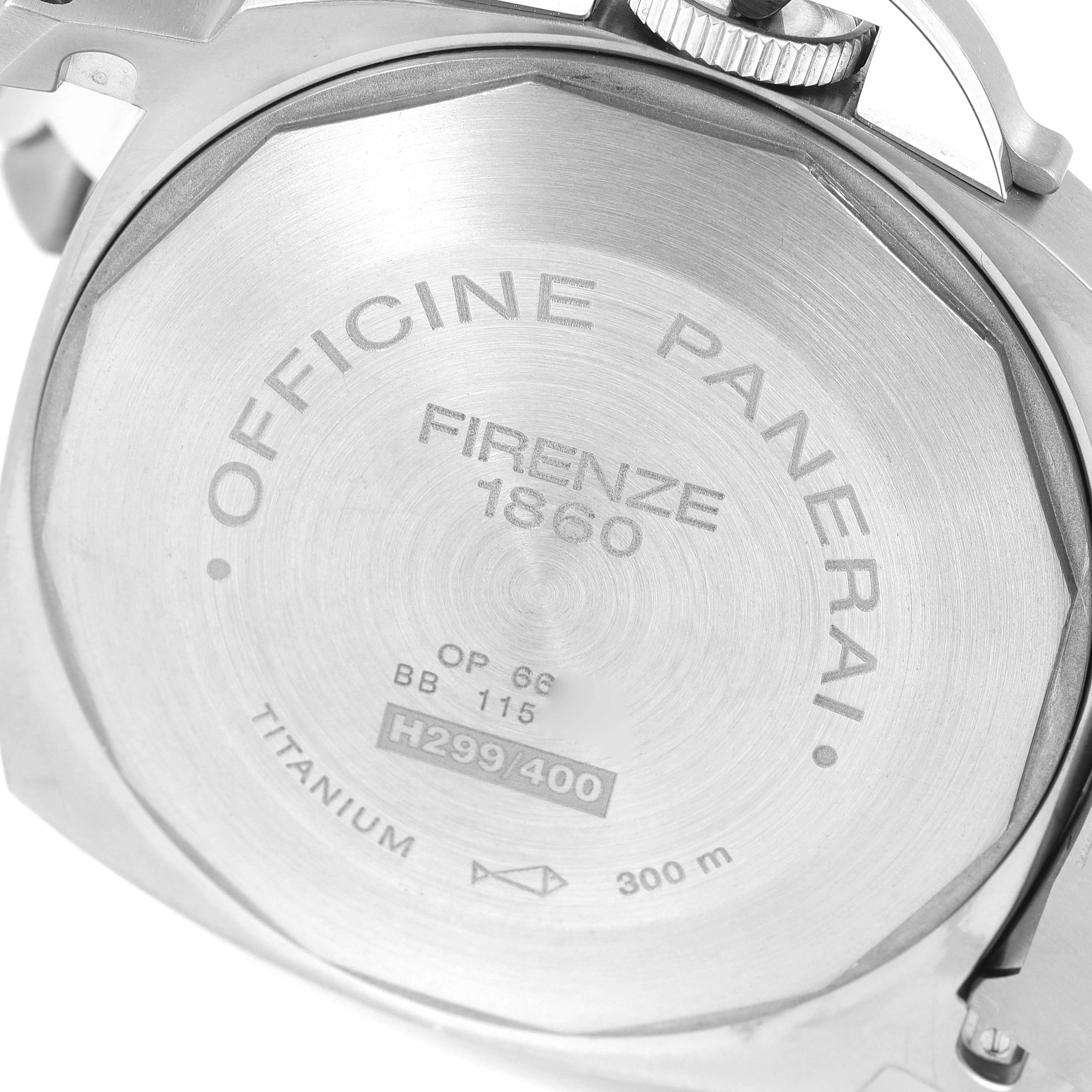 This is an angled view of the back case of a Panerai Luminor PAM00171 Men's Titanium Black Dial PAM00171 Men's Titanium Black Dial watch, showing engraved details and the crown guard.