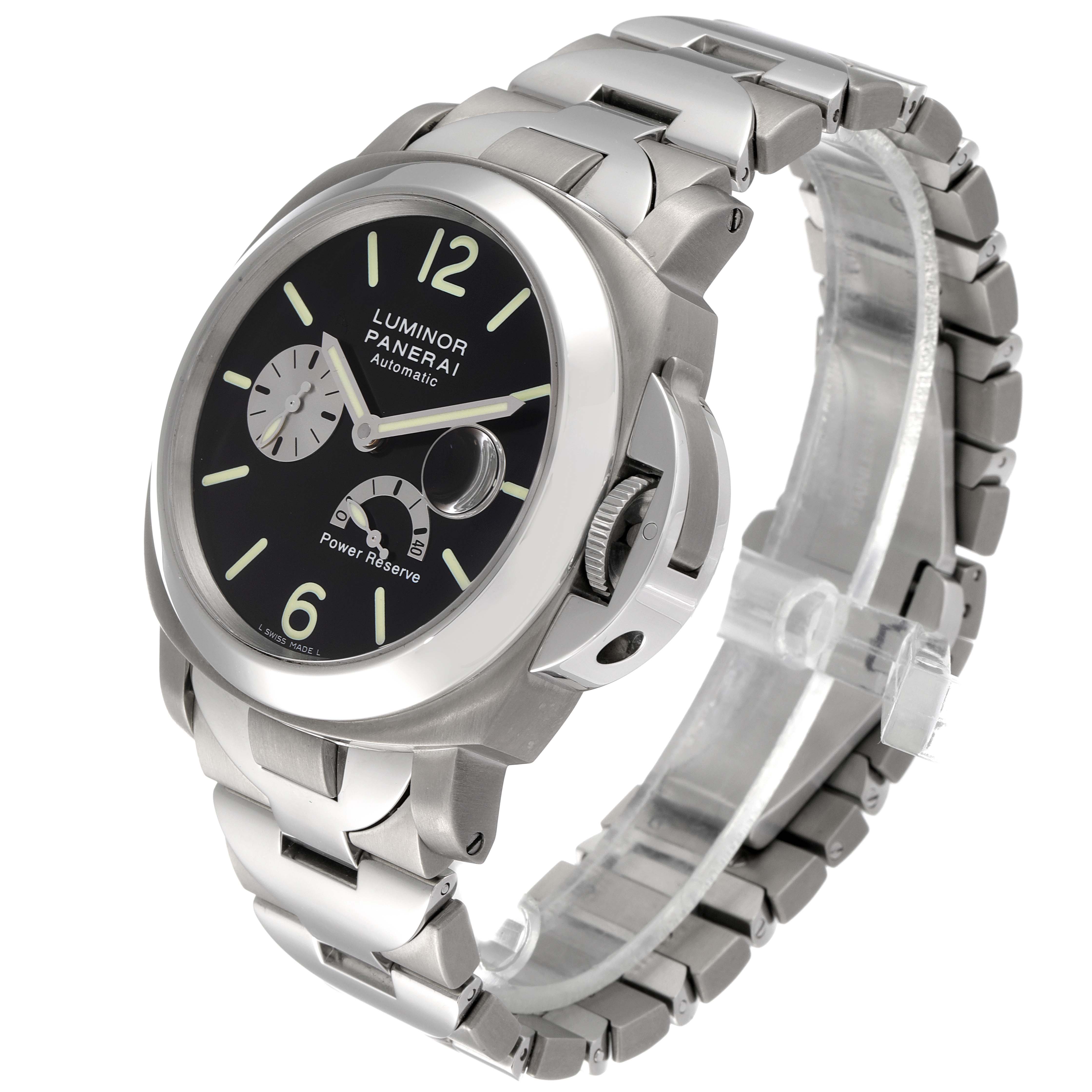 The image shows a Panerai Luminor PAM00171 Men's Titanium Black Dial PAM00171 Men's Titanium Black Dial watch at a three-quarter angle, displaying the dial, bracelet, and crown guard.