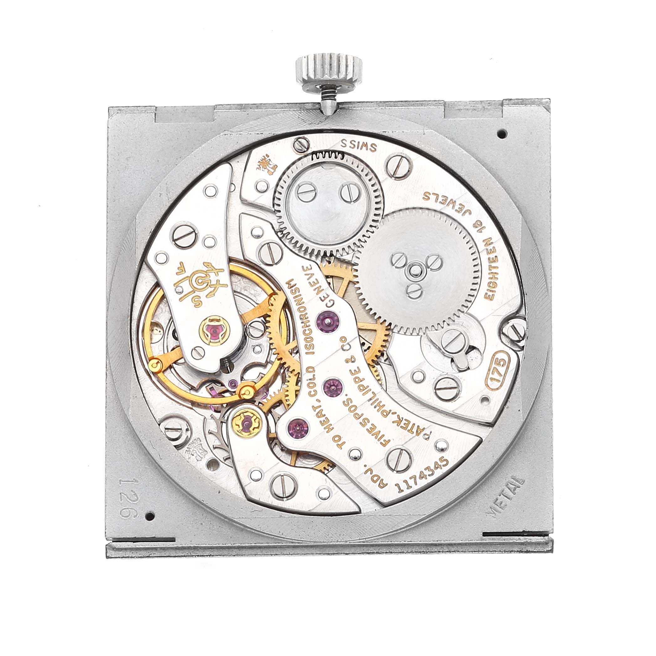 This image shows the intricate inner workings of the Vintage Patek Philippe watch, highlighting its movement components.