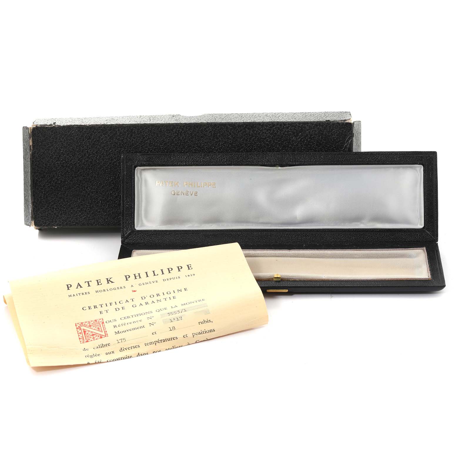 The image shows a Patek Philippe Vintage 3553/1 Men
s White Gold Silver Dial 3553/1 Men
s White Gold Silver Dial watch box, an outer box, and a certificate of origin.