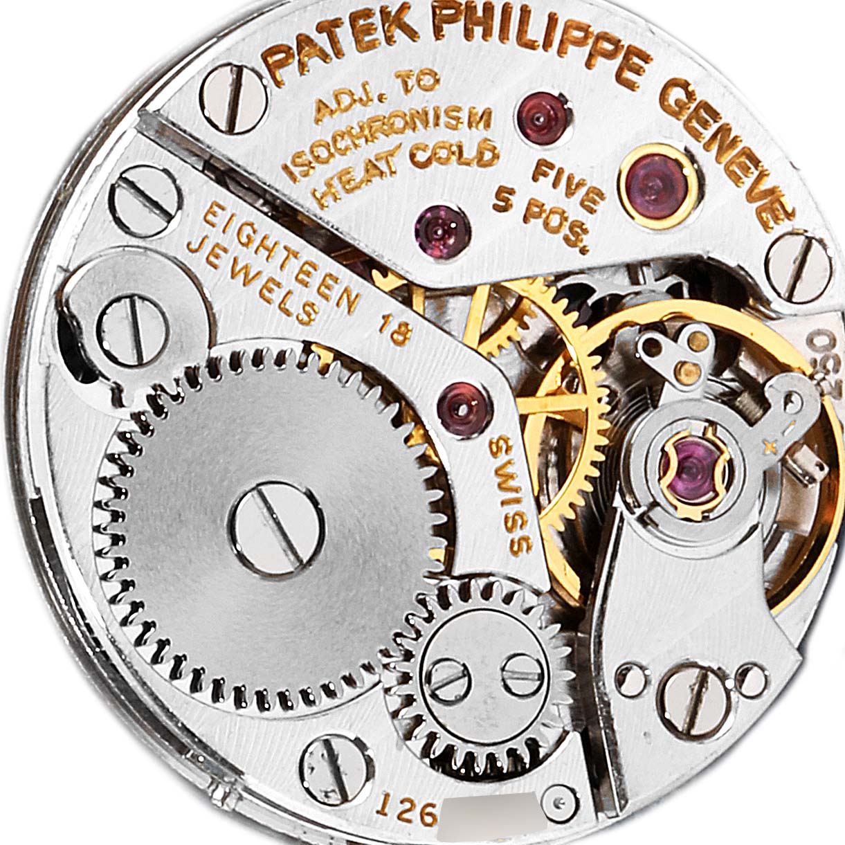 The image shows the intricate inner mechanics of the Patek Philippe 4175 Women's White Gold Blue Dial 4175 Women's White Gold Blue Dial 4175 Blue Dial White Gold Diamond Cocktail Ladies Watch.