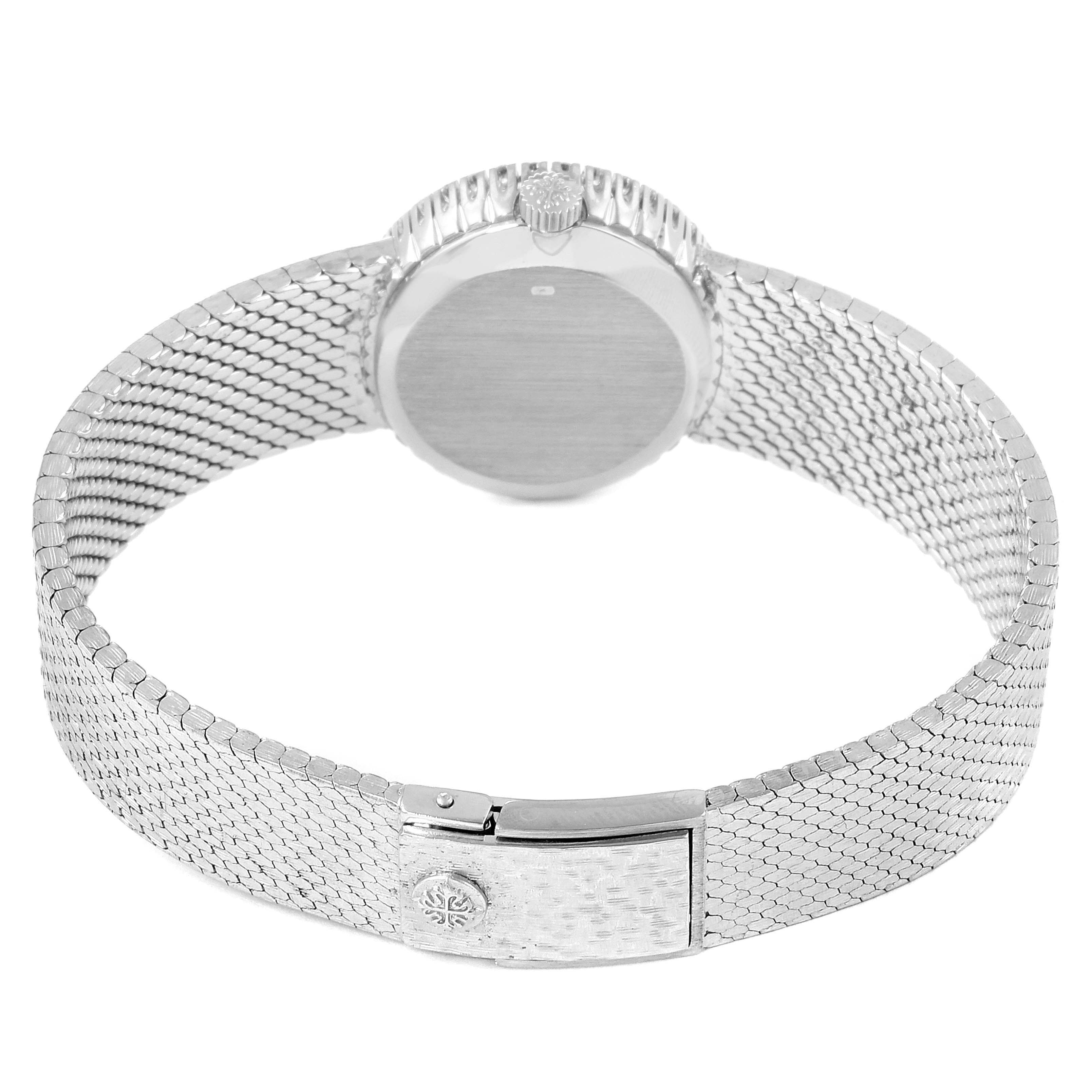 This image shows the back view and clasp of the Patek Philippe 4175 Women's White Gold Blue Dial 4175 Women's White Gold Blue Dial Blue Dial White Gold Diamond Cocktail Ladies Watch 4175 model.