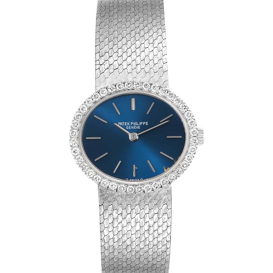 The image shows a front view of the Patek Philippe 4175 Blue Dial White Gold Diamond Cocktail Ladies Watch.