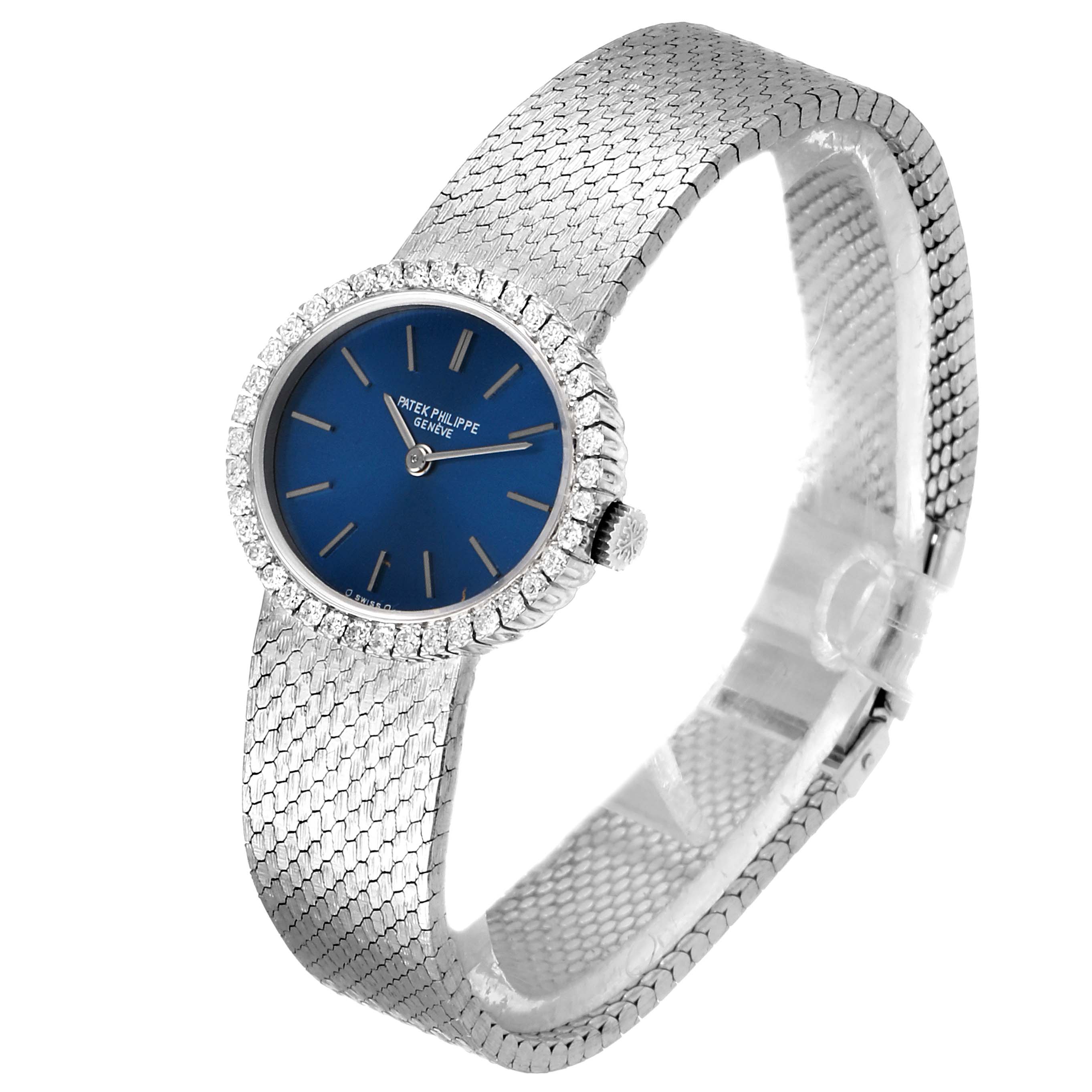 The image shows a side angle of the Patek Philippe 4175 Women's White Gold Blue Dial 4175 Women's White Gold Blue Dial 4175 Ladies Watch, highlighting its blue dial and diamond-studded bezel.