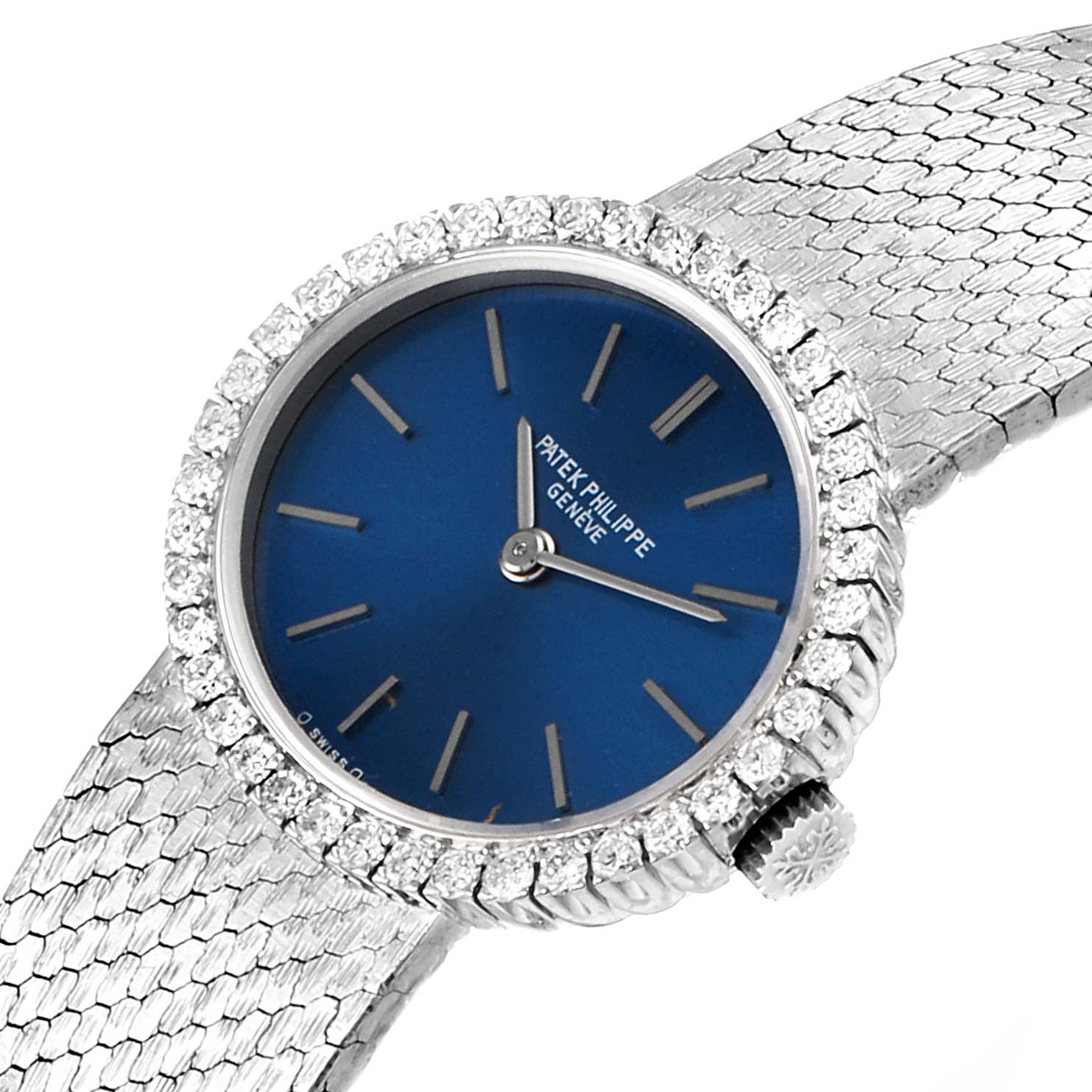 The image shows a tilted, close-up view of the Patek Philippe 4175 Women's White Gold Blue Dial 4175 Women's White Gold Blue Dial 4175 Blue Dial White Gold Diamond Cocktail Ladies Watch, highlighting the dial, bezel, and crown.
