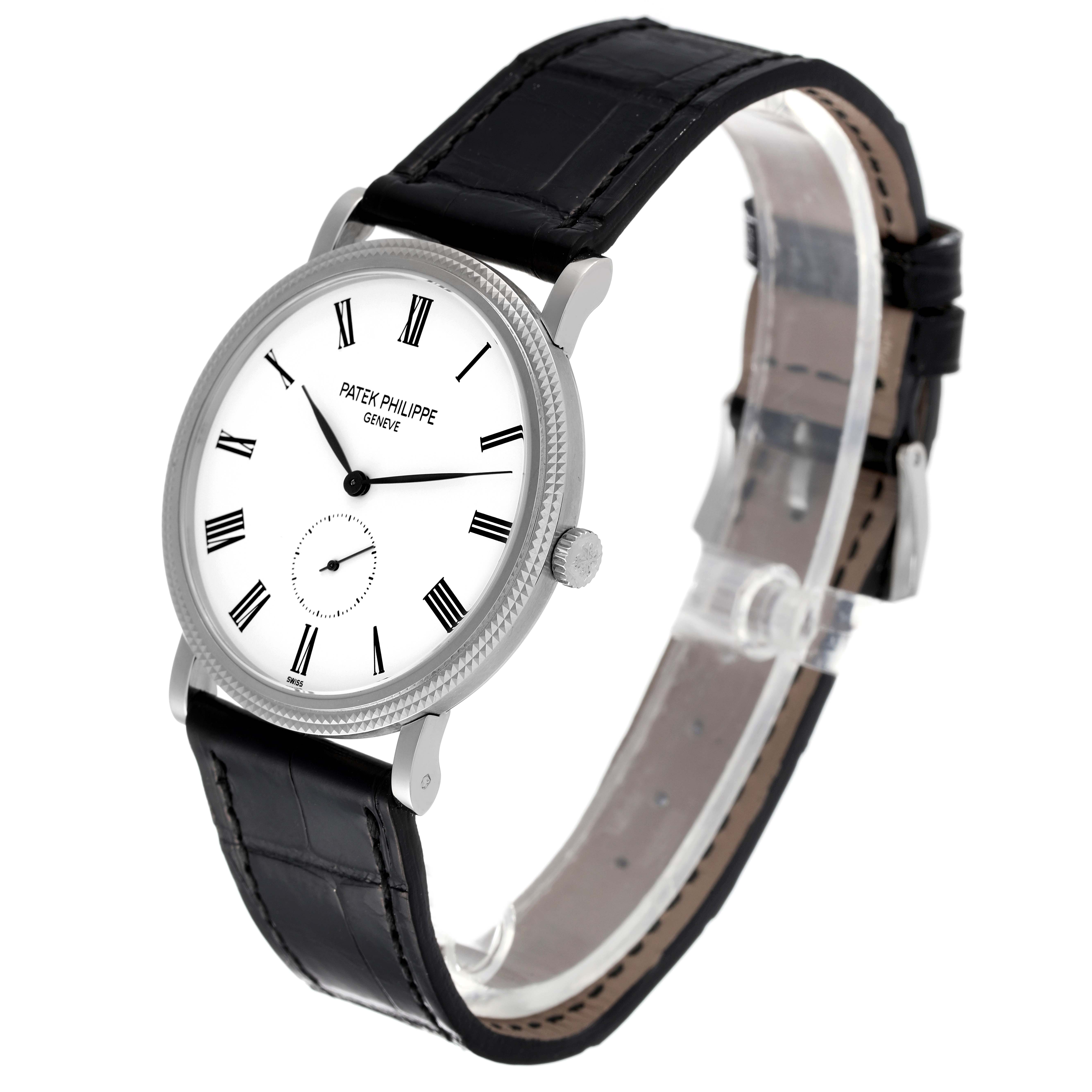 The image shows a side angle of the Patek Philippe Calatrava 5119G Men
s White Gold White Dial 5119G Men
s White Gold White Dial watch, displaying the case, dial, and leather strap.