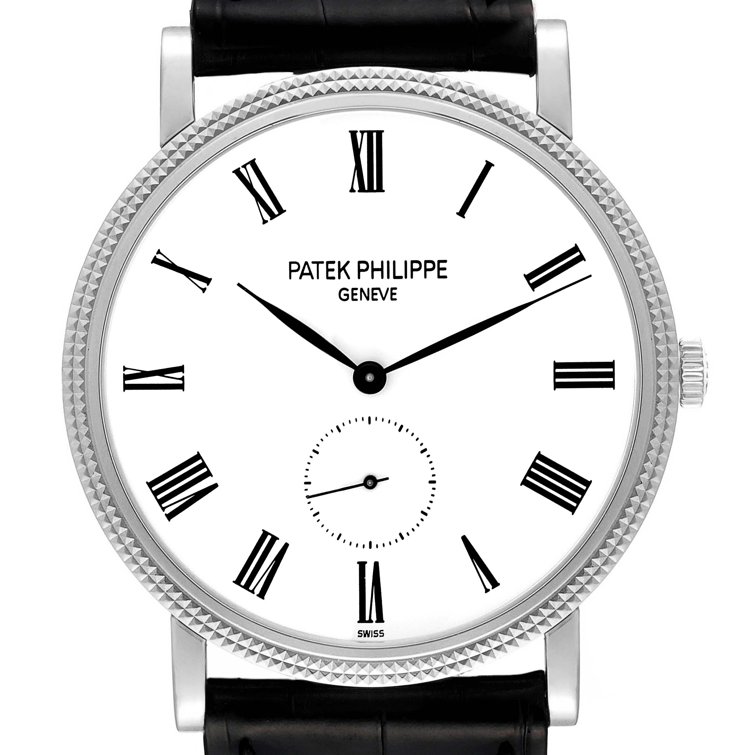 The image shows a front view of the Patek Philippe Calatrava 5119G Men
s White Gold White Dial 5119G Men
s White Gold White Dial watch, highlighting its Roman numeral dial and black leather strap.