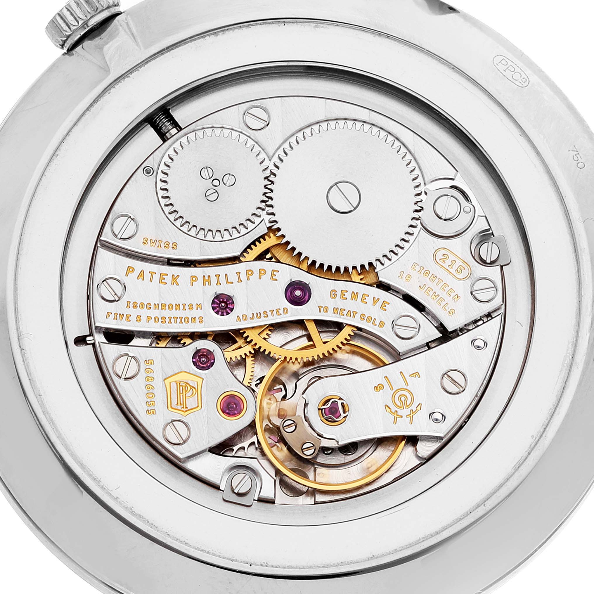 This image shows the intricate movement details of a Calatrava watch by Patek Philippe from a rear angle.