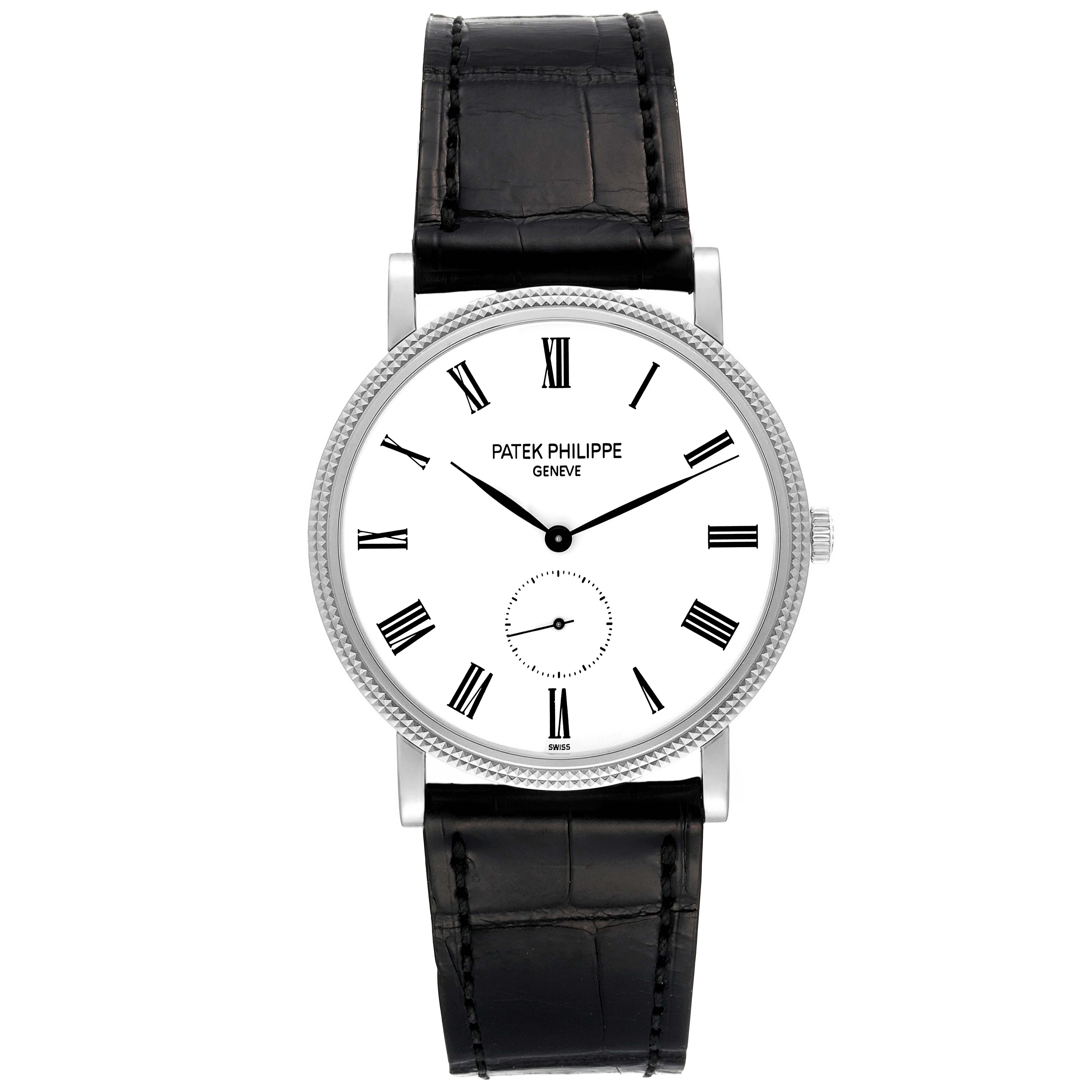 This image shows a front view of a Patek Philippe Calatrava 5119G Men
s White Gold White Dial 5119G Men
s White Gold White Dial watch with a white dial, black leather strap, and Roman numerals.