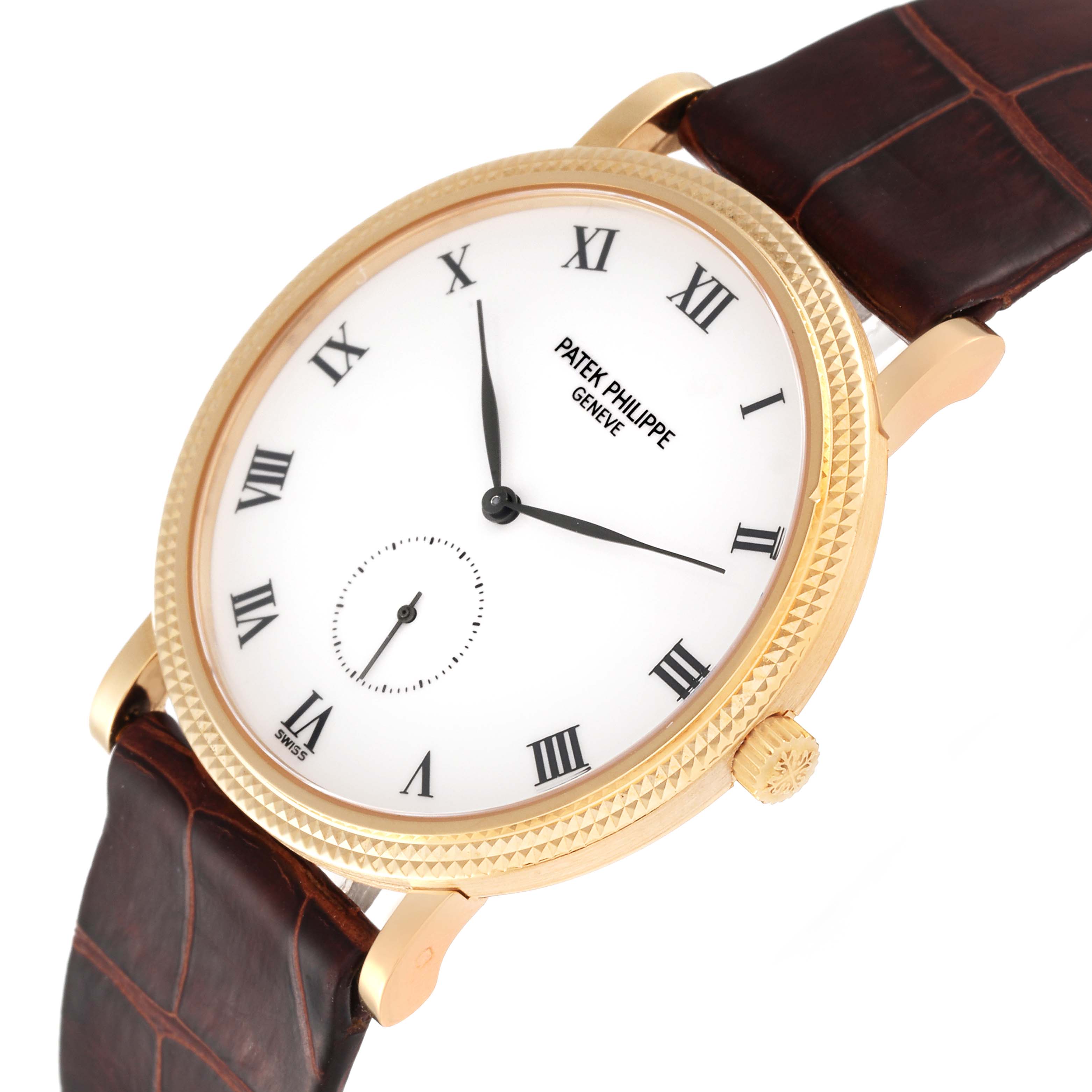 This Patek Philippe Calatrava 3919J Men's Yellow Gold White Dial 3919J Men's Yellow Gold White Dial watch is shown at a slight angle, displaying the face, Roman numerals, and leather strap.