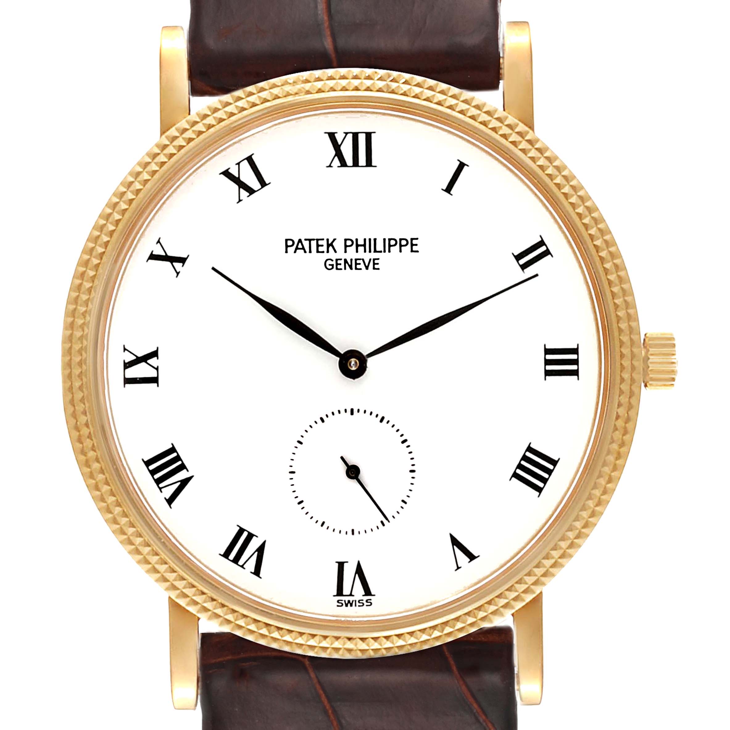 The image shows a straight-on view of the Patek Philippe Calatrava 3919J Men's Yellow Gold White Dial 3919J Men's Yellow Gold White Dial watch, highlighting its face, bezel, crown, and part of the leather strap.