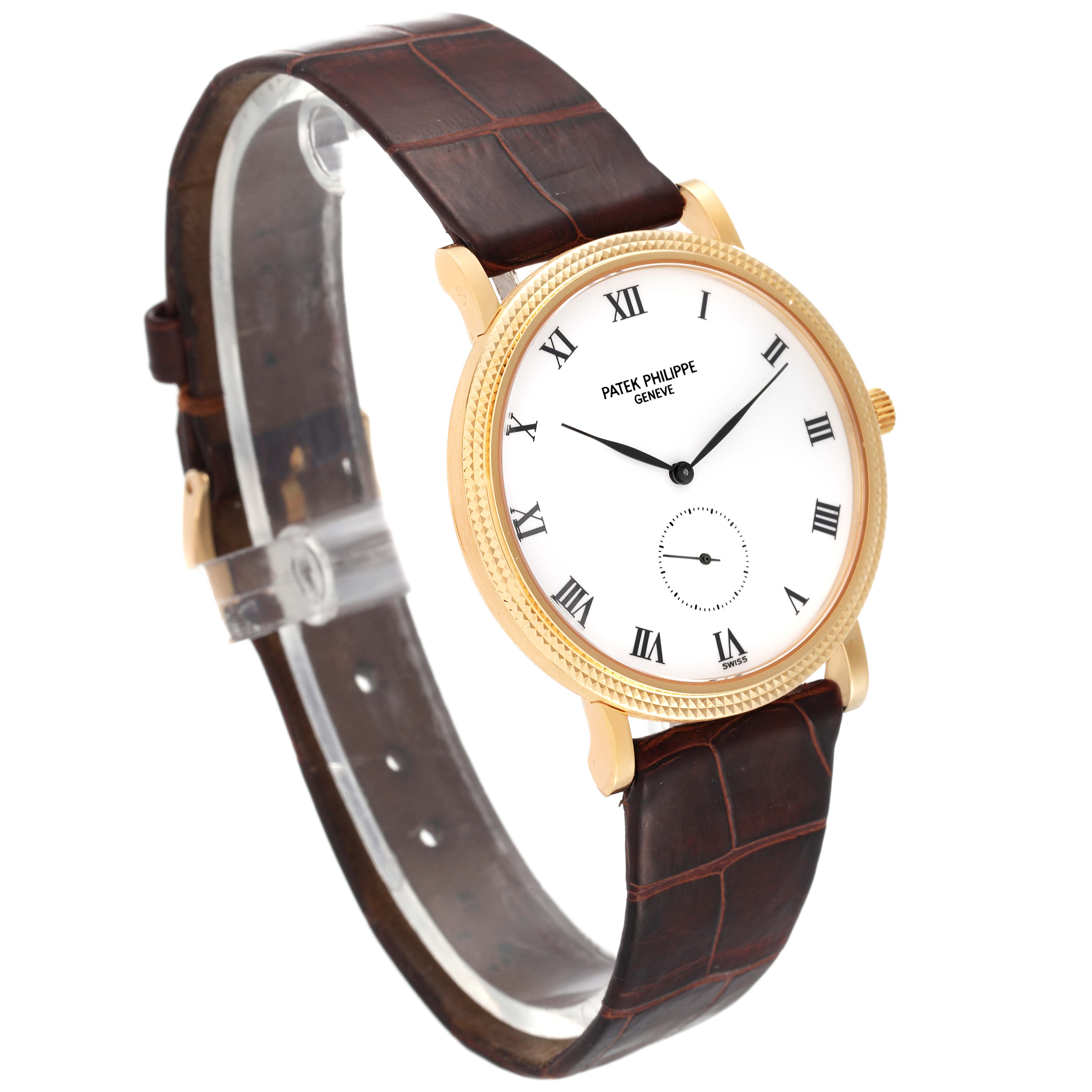 The image shows a Patek Philippe Calatrava 3919J Men's Yellow Gold White Dial 3919J Men's Yellow Gold White Dial watch at a slight side angle, highlighting the watch face, leather strap, and gold casing.