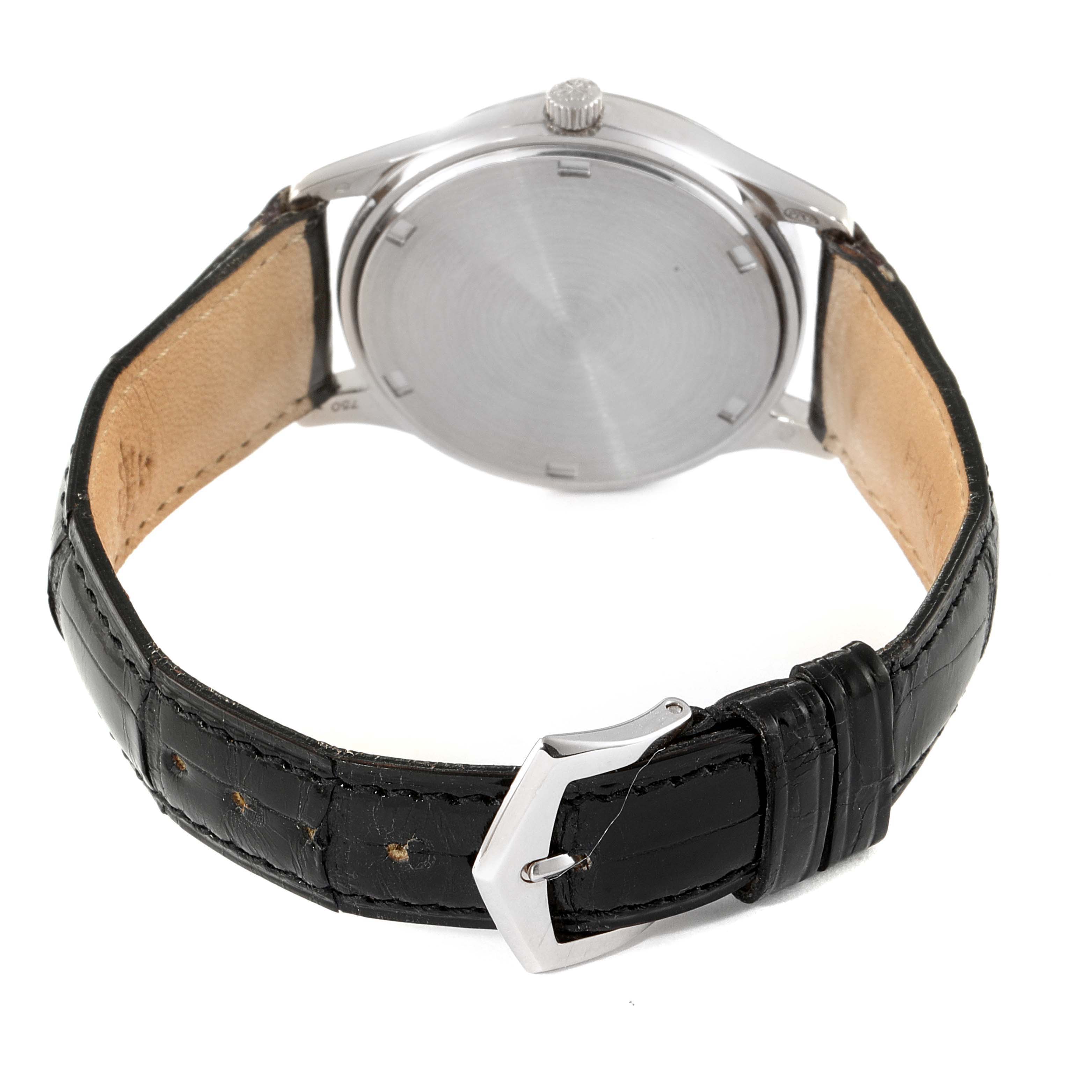 The image shows the back case and strap of a Patek Philippe Calatrava 3998G Men's White Gold Silver Dial 3998G Men's White Gold Silver Dial watch, with the buckle and crown visible.