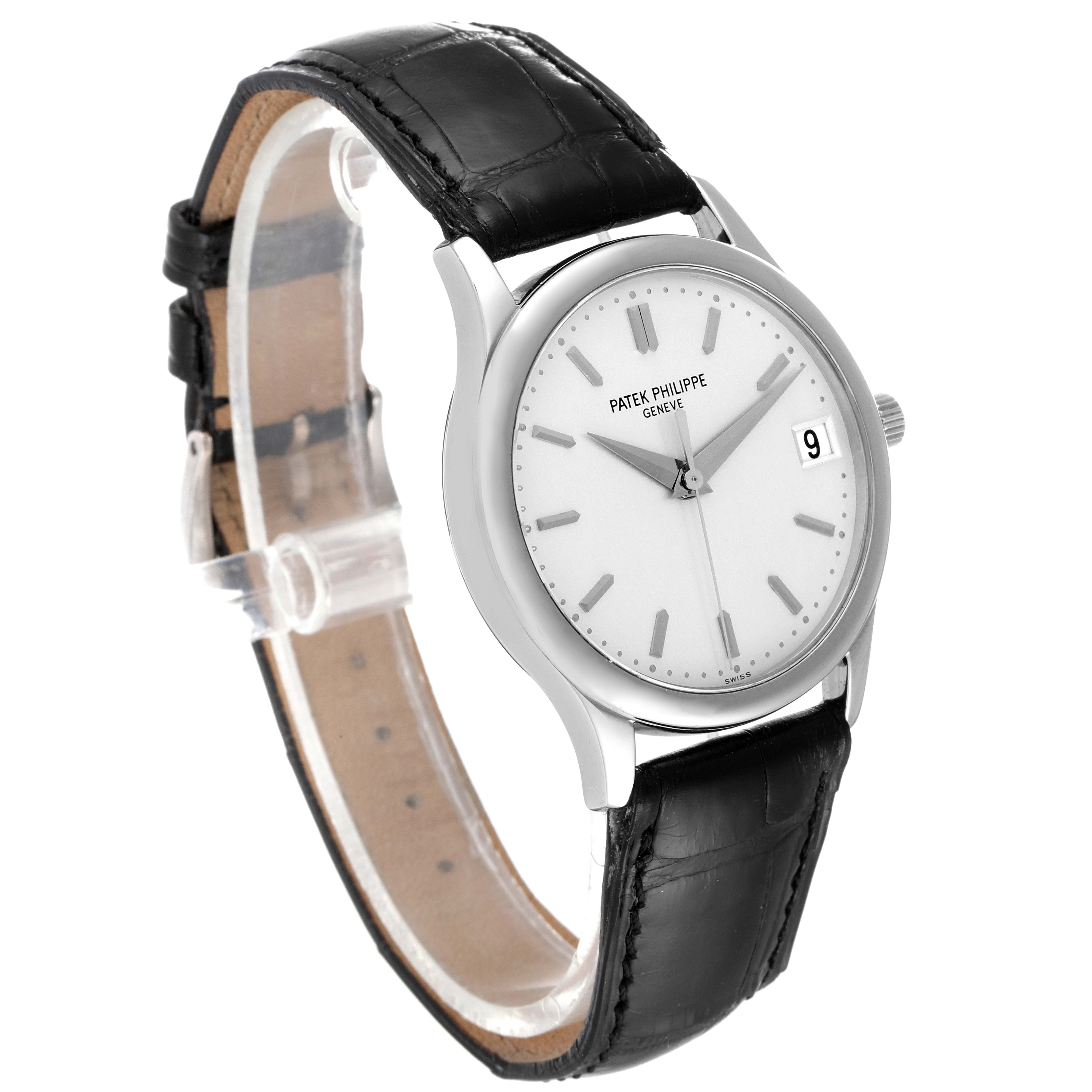 The image shows a Patek Philippe Calatrava 3998G Men's White Gold Silver Dial 3998G Men's White Gold Silver Dial watch at a slight angle, highlighting the dial, case, and black leather strap.