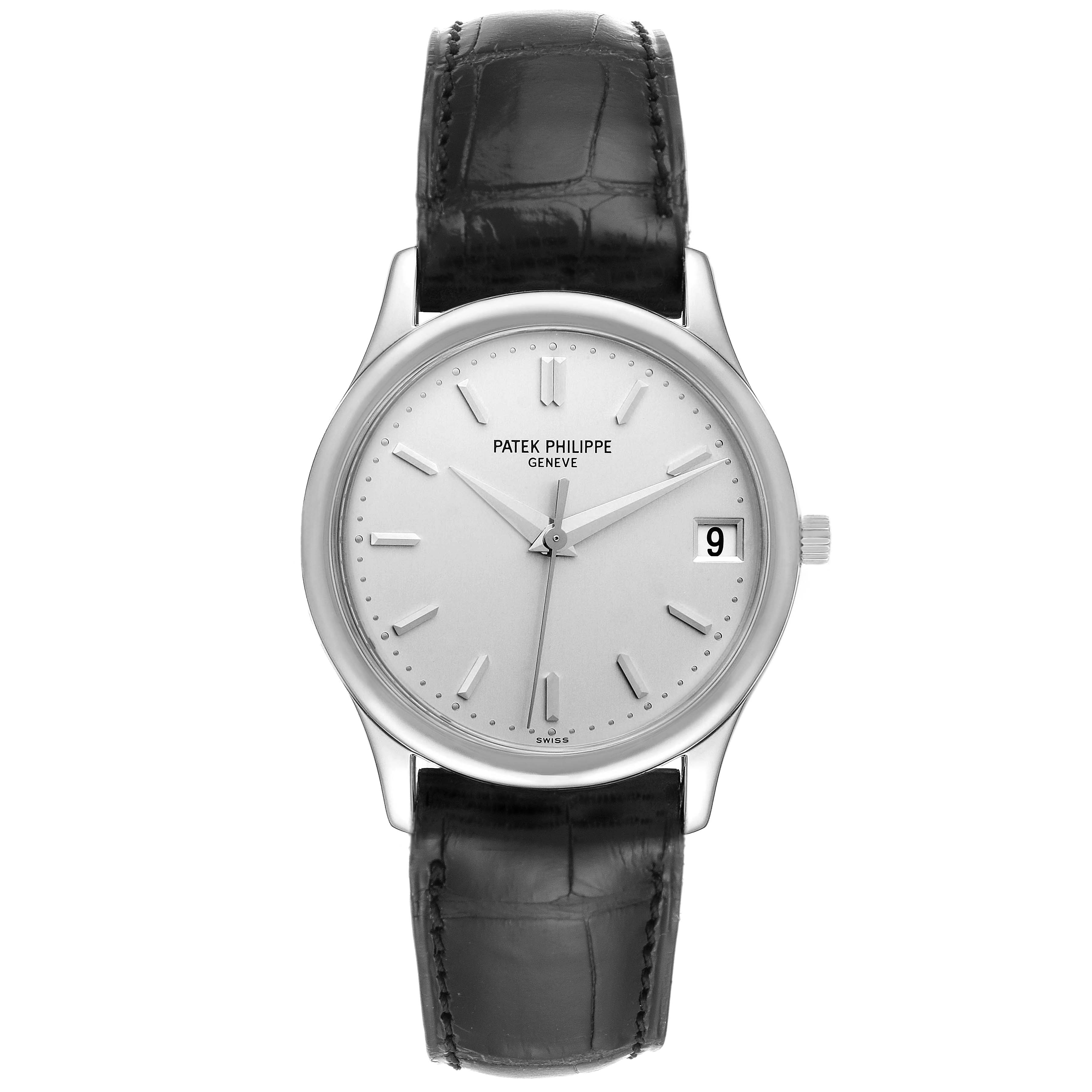 This image shows a front view of the Patek Philippe Calatrava 3998G Men's White Gold Silver Dial 3998G Men's White Gold Silver Dial watch with its dial, hour markers, hands, and date display visible.