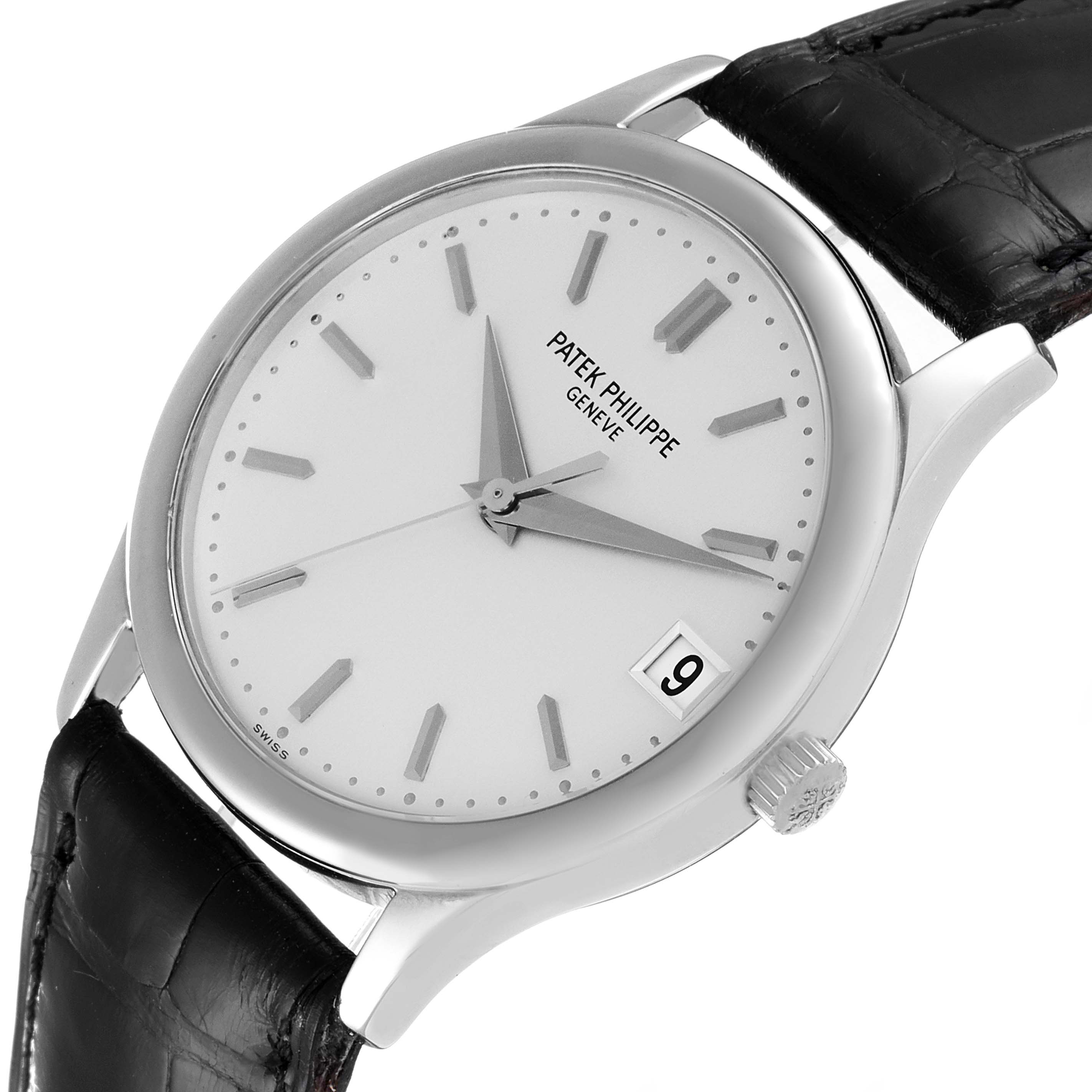 The image shows a Patek Philippe Calatrava 3998G Men's White Gold Silver Dial 3998G Men's White Gold Silver Dial watch from a slightly angled top view, displaying the dial, hands, crown, and leather strap.