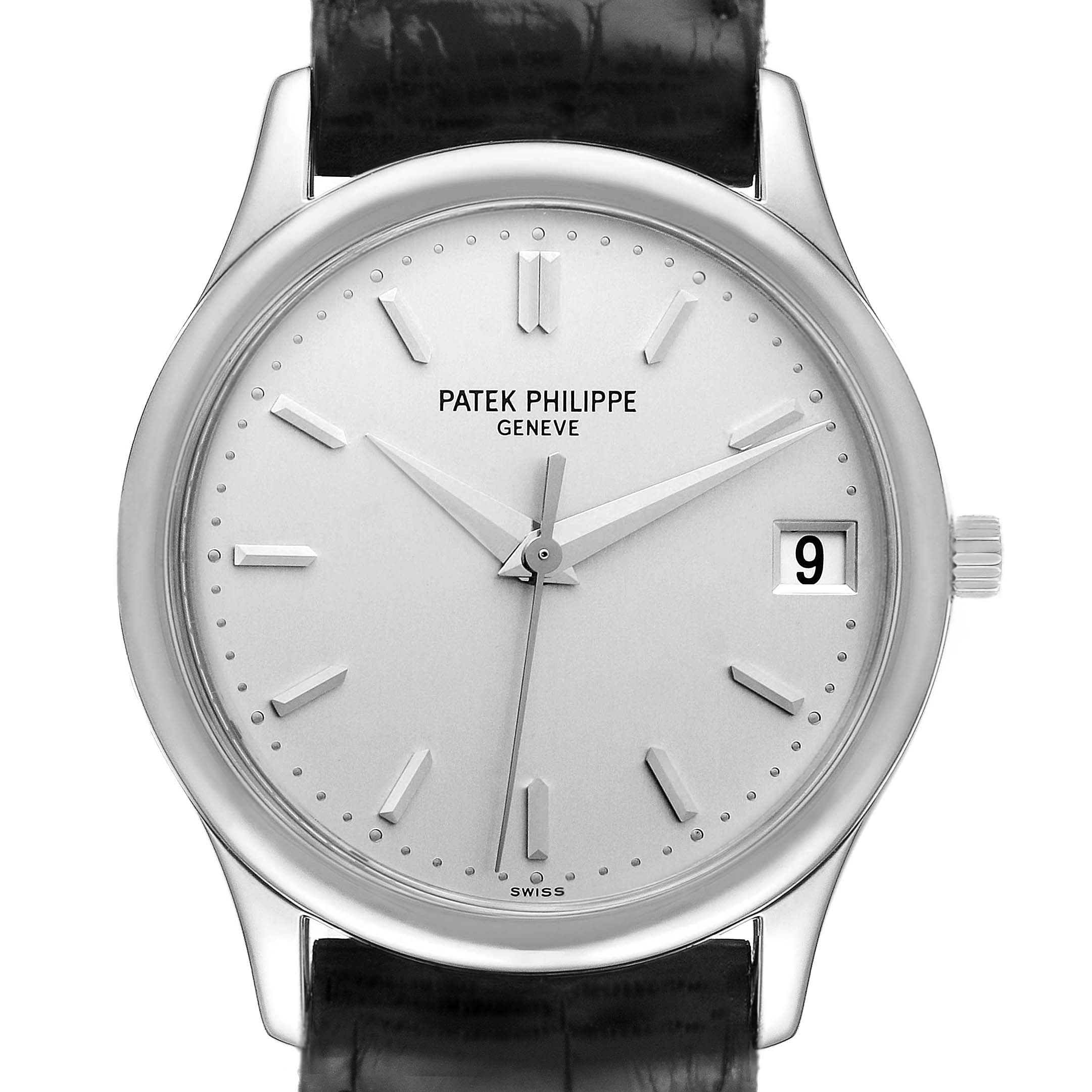 The image shows a front view of a Patek Philippe Calatrava 3998G Men's White Gold Silver Dial 3998G Men's White Gold Silver Dial watch, highlighting the dial, indices, hands, date window, and crown.