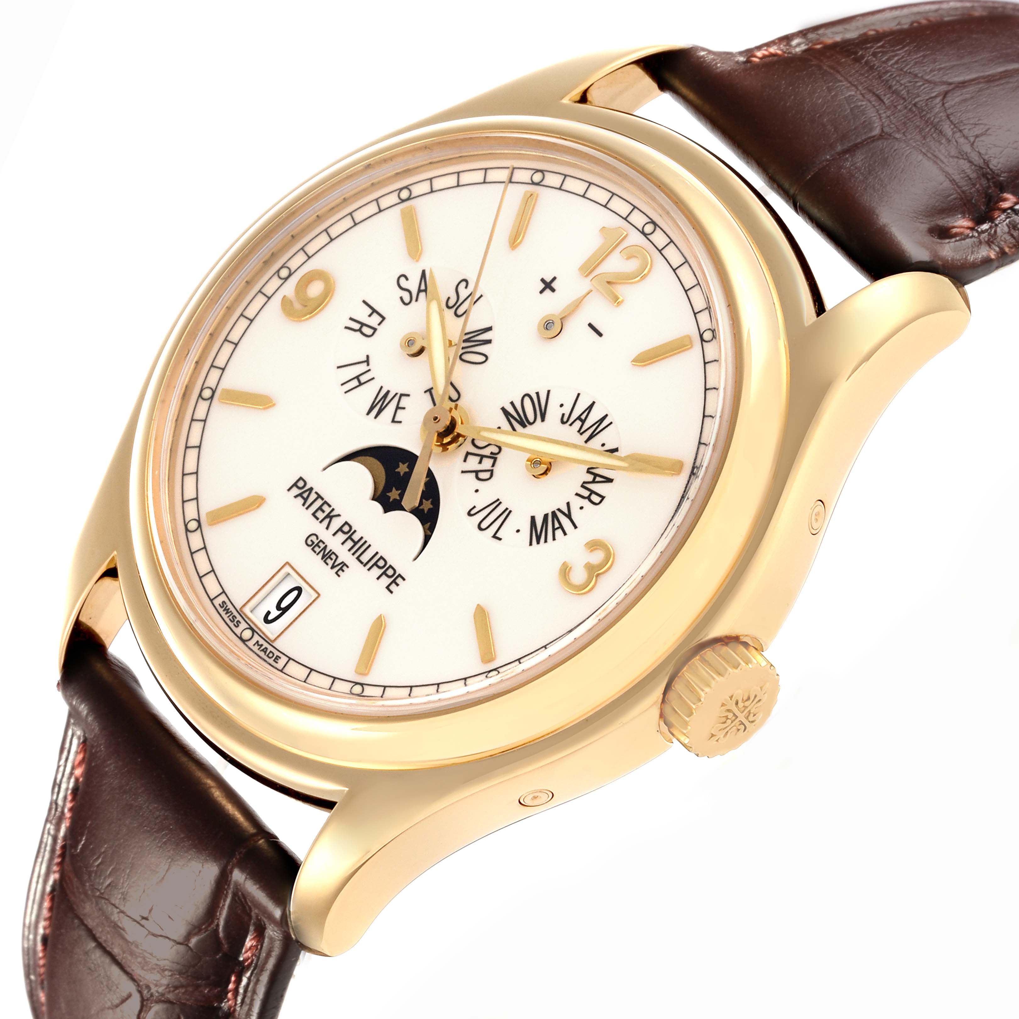 The Patek Philippe Complications 5146J Men's Yellow Gold Beige Dial 5146J Men's Yellow Gold Beige Dial watch is shown at an angled view highlighting the dial, crown, and part of the leather strap.
