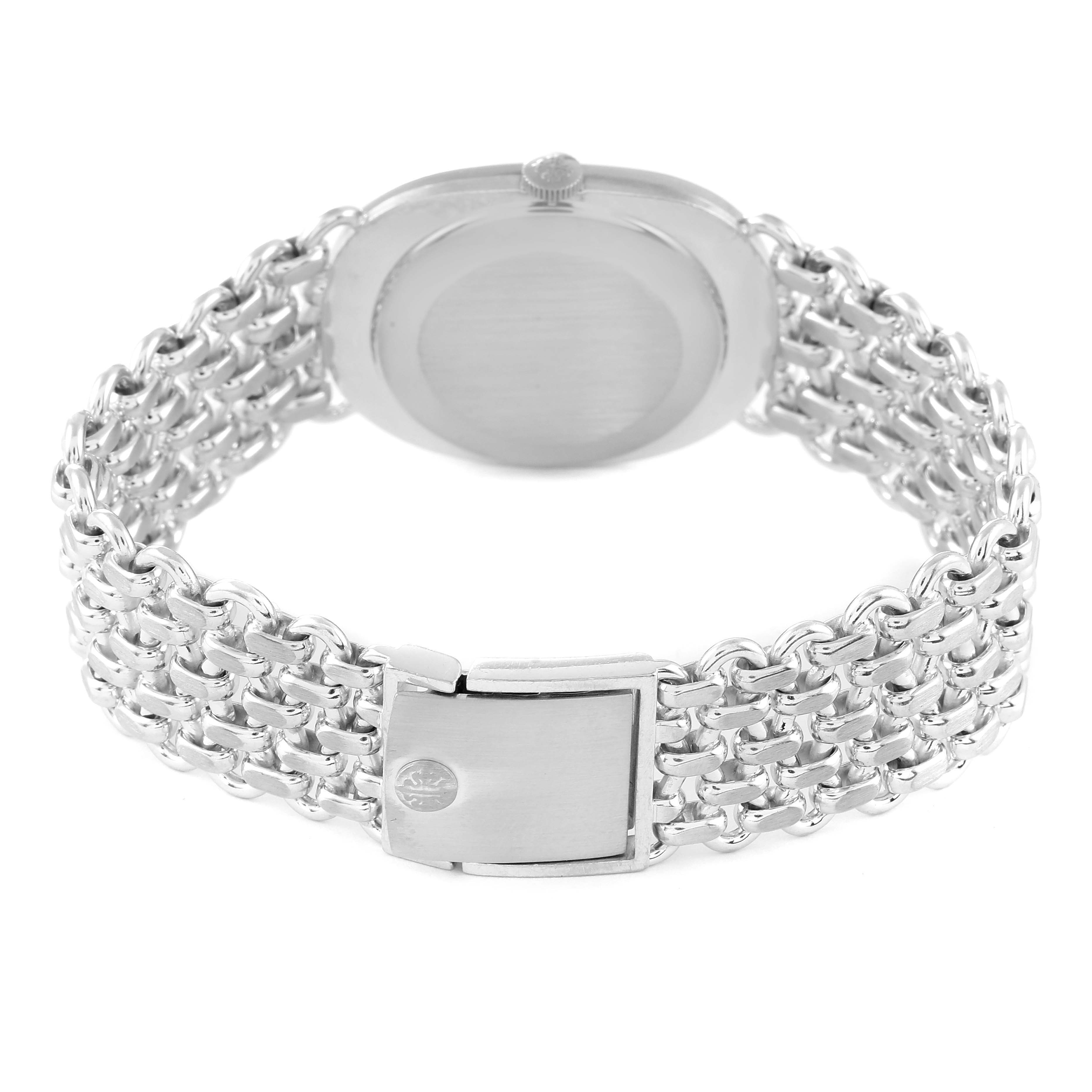 The image shows the back of a Patek Philippe Vintage 3648G Men's White Gold Blue Dial 3648G Men's White Gold Blue Dial model watch, highlighting its case back, crown, and clasp.