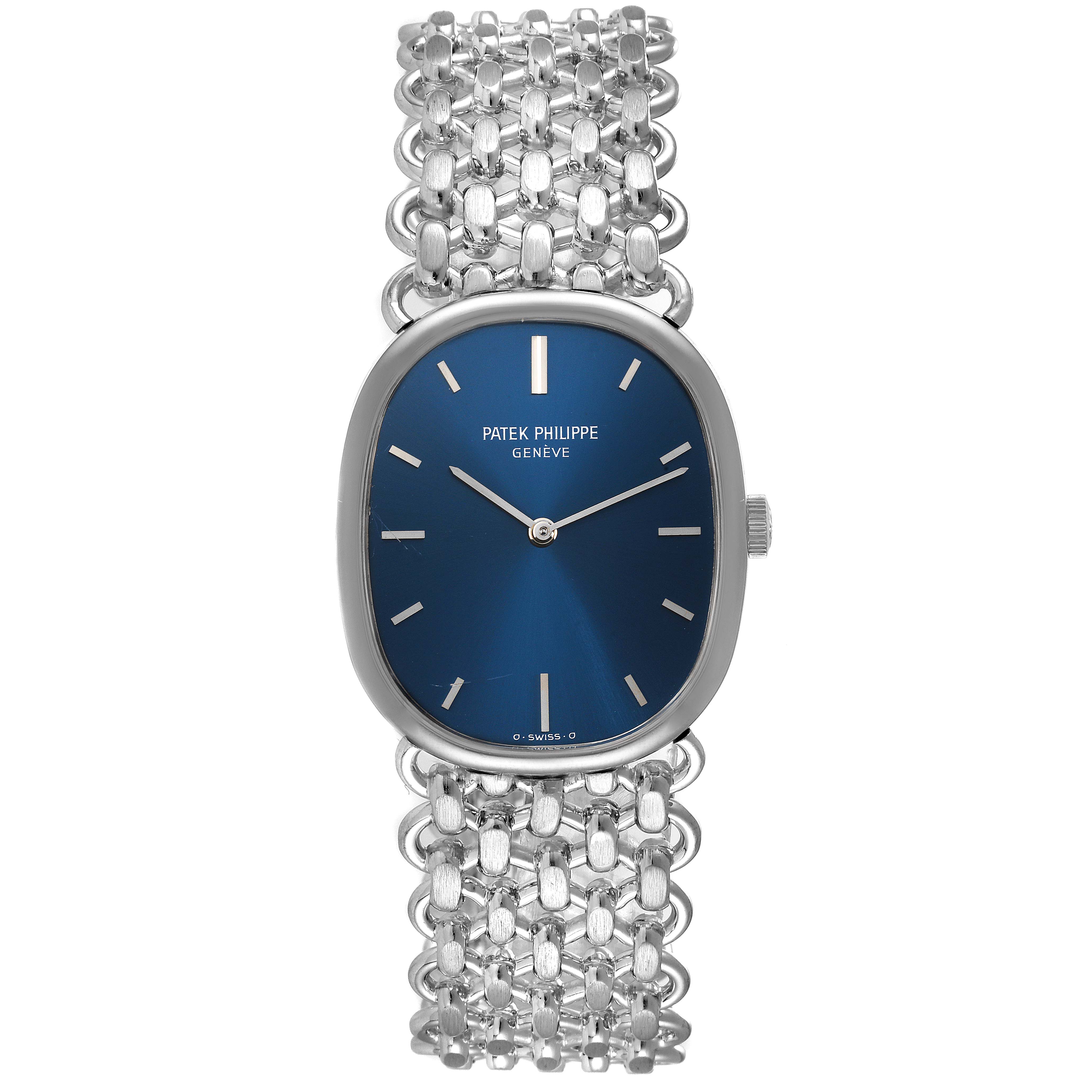 This image shows a front view of a Vintage Patek Philippe watch featuring a blue dial and a silver mesh bracelet.