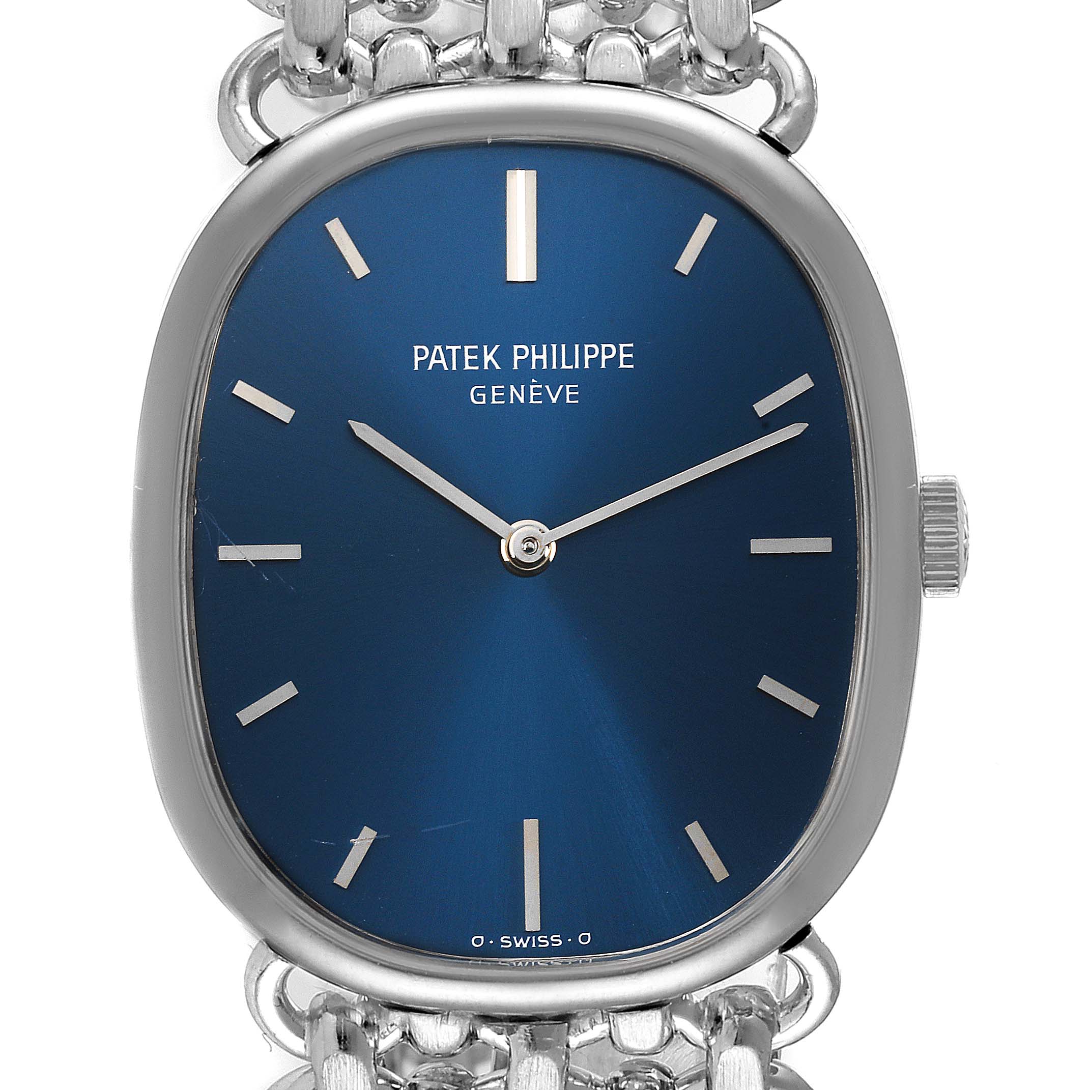 The image shows a close-up, front view of a Patek Philippe Vintage 3648G Men's White Gold Blue Dial 3648G Men's White Gold Blue Dial watch with a blue dial and silver case.