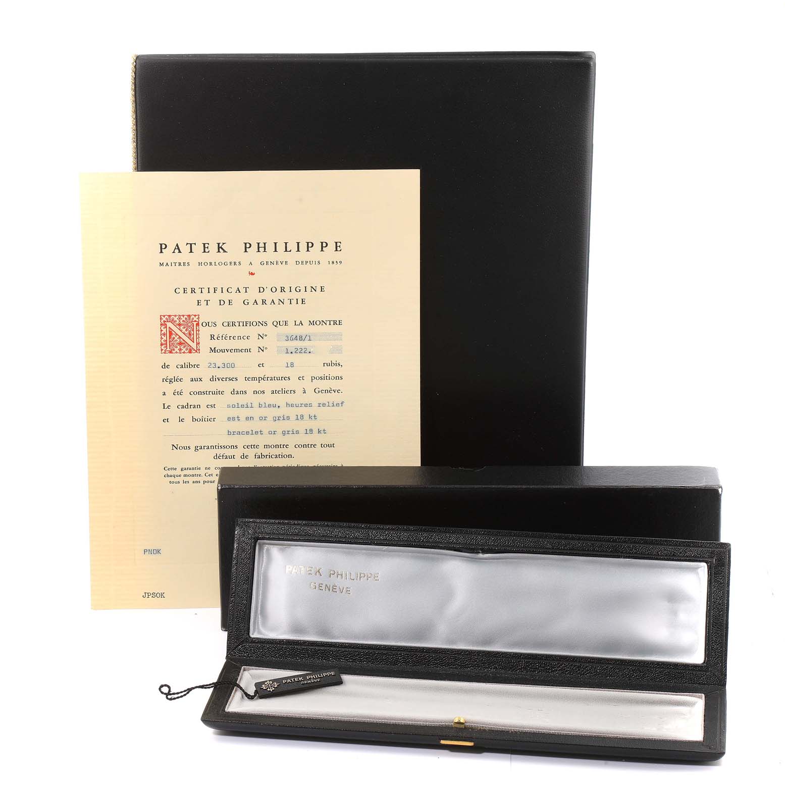 The image shows a Patek Philippe Vintage 3648G Men's White Gold Blue Dial 3648G Men's White Gold Blue Dial model's certificate, black box, and watch packaging.