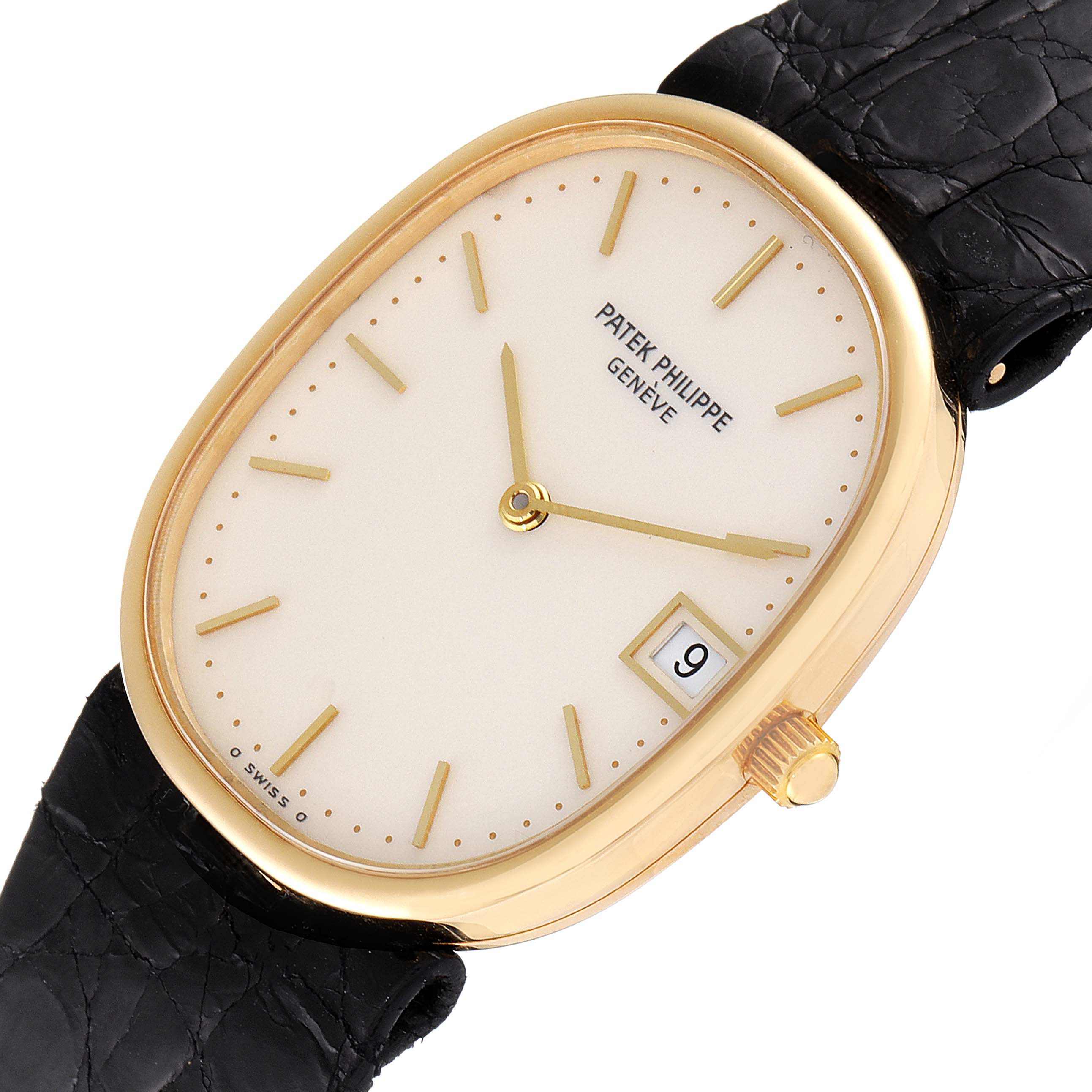 This image shows a Patek Philippe Golden Ellipse 3788 Men's Yellow Gold Beige Dial 3788 Men's Yellow Gold Beige Dial watch from a top angle, displaying the face, hands, date window, case, and part of the strap.