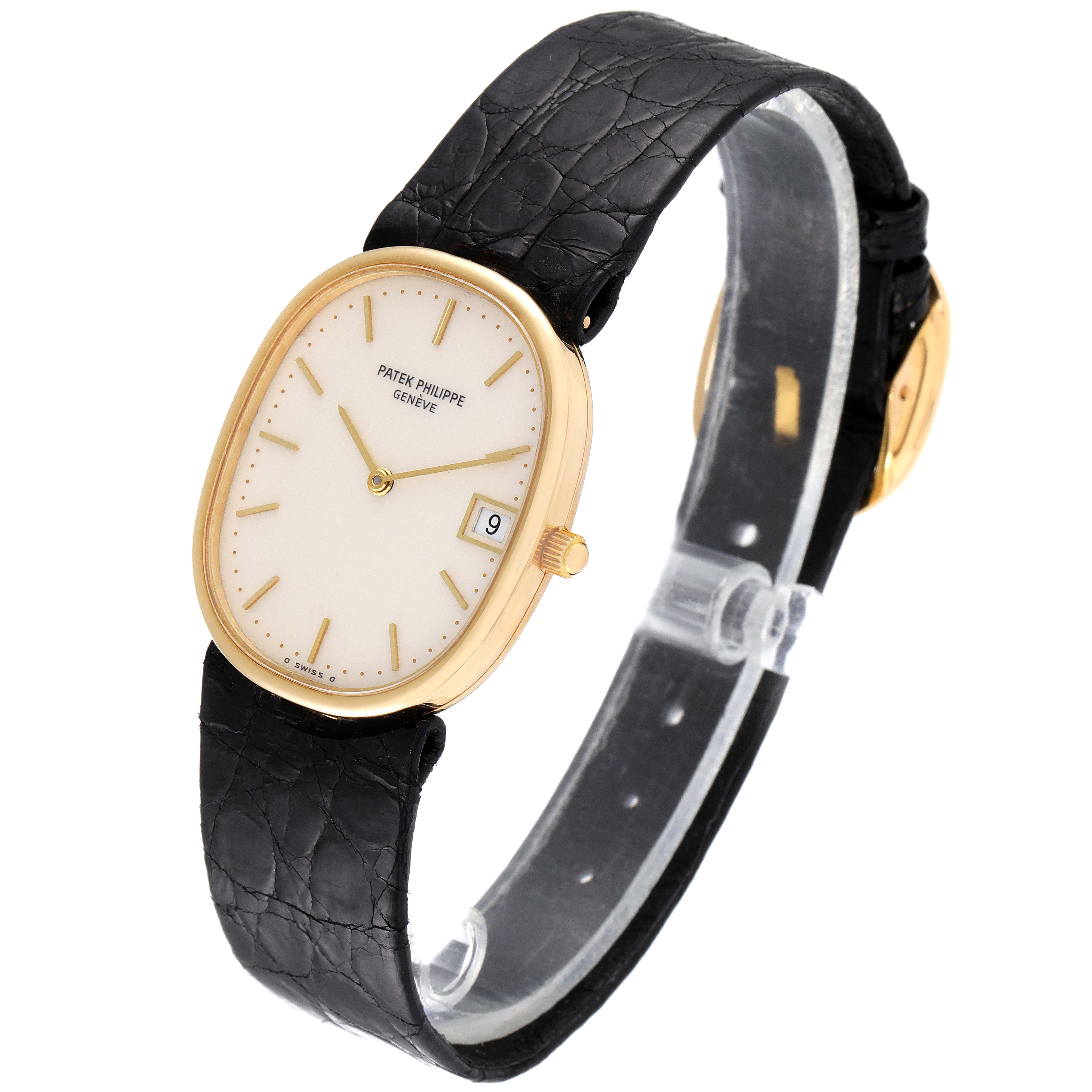 The image shows a Patek Philippe Golden Ellipse 3788 Men's Yellow Gold Beige Dial 3788 Men's Yellow Gold Beige Dial watch from a front angle, showcasing its dial, gold case, and black leather strap.