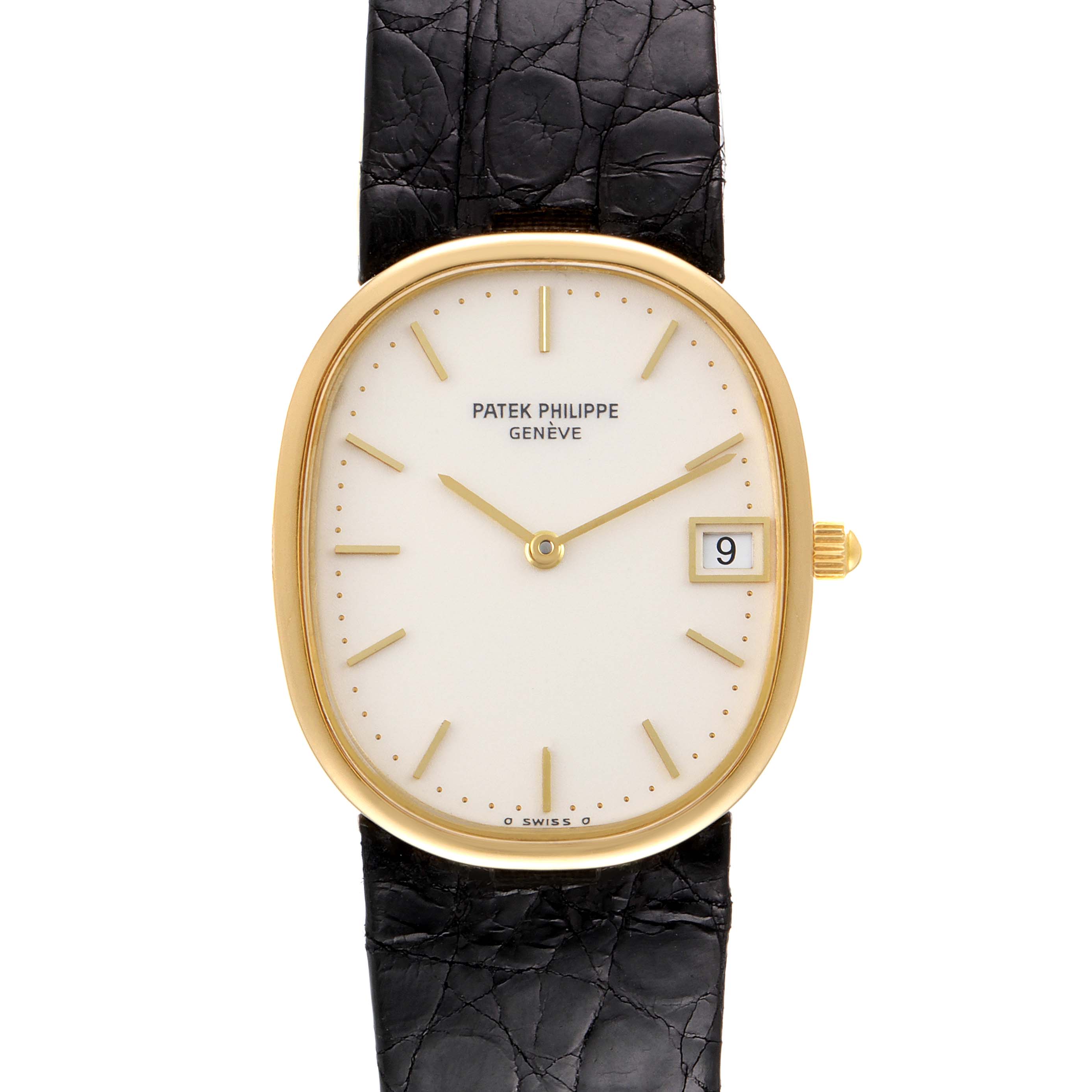 This image shows a front view of the Patek Philippe Golden Ellipse 3788 Men's Yellow Gold Beige Dial 3788 Men's Yellow Gold Beige Dial watch, displaying its face, dial, and crown.