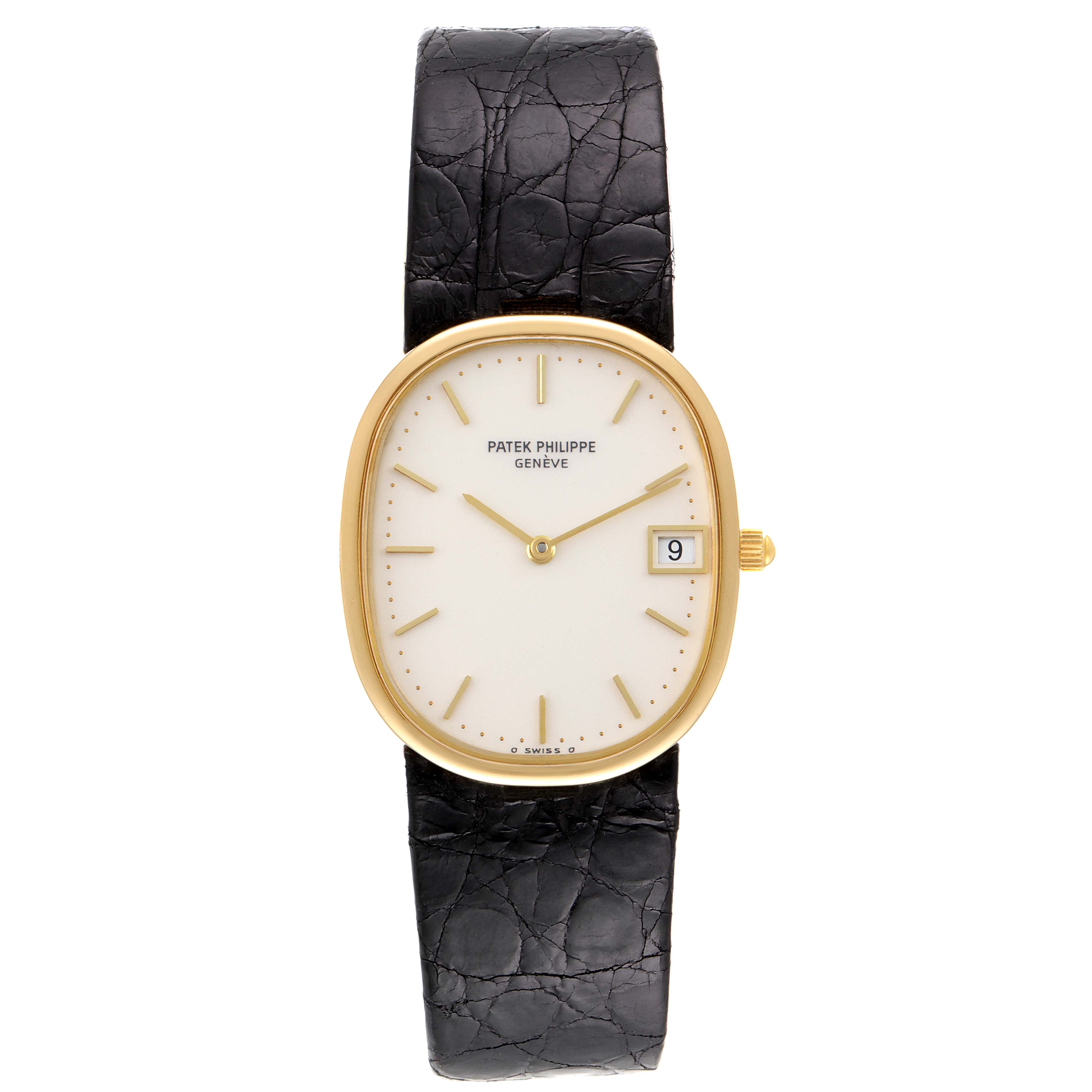 This image shows a front view of the Patek Philippe Golden Ellipse 3788 Men's Yellow Gold Beige Dial 3788 Men's Yellow Gold Beige Dial watch, highlighting its dial, gold case, and black leather strap.
