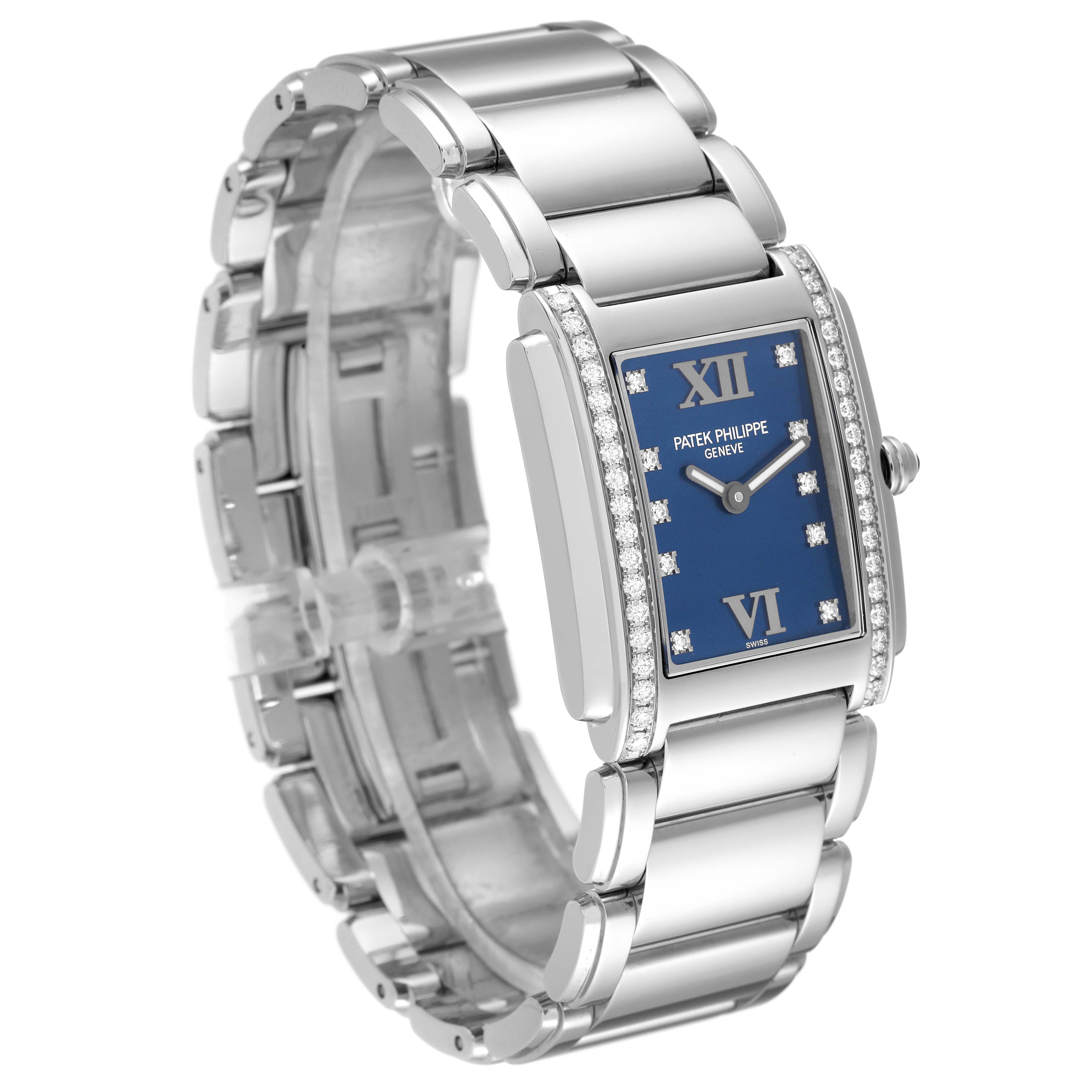 The image shows a Patek Philippe Twenty-4 4910/10A-012 Women's Stainless Steel Blue Dial 4910/10A-012 Women's Stainless Steel Blue Dial watch from an angled side view, highlighting its bracelet and rectangular face.