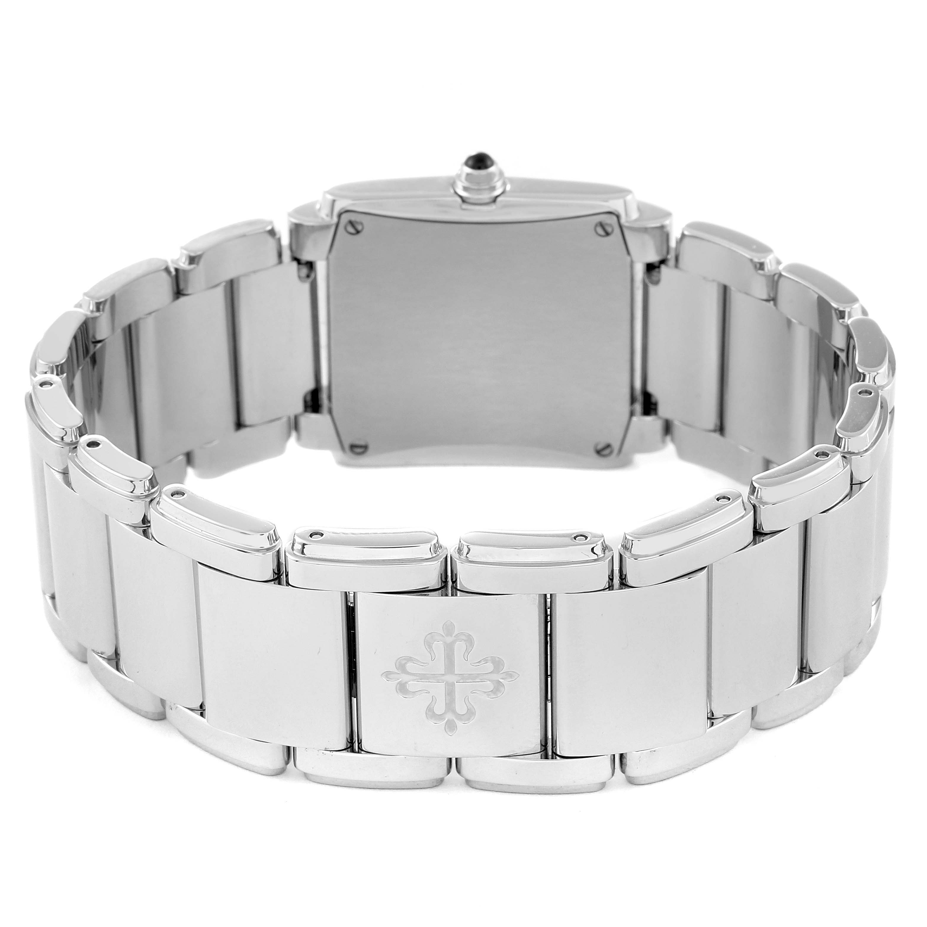 This image shows the back view of the Patek Philippe Twenty-4 4910/10A-012 Women's Stainless Steel Blue Dial 4910/10A-012 Women's Stainless Steel Blue Dial model watch, highlighting its bracelet and case back.