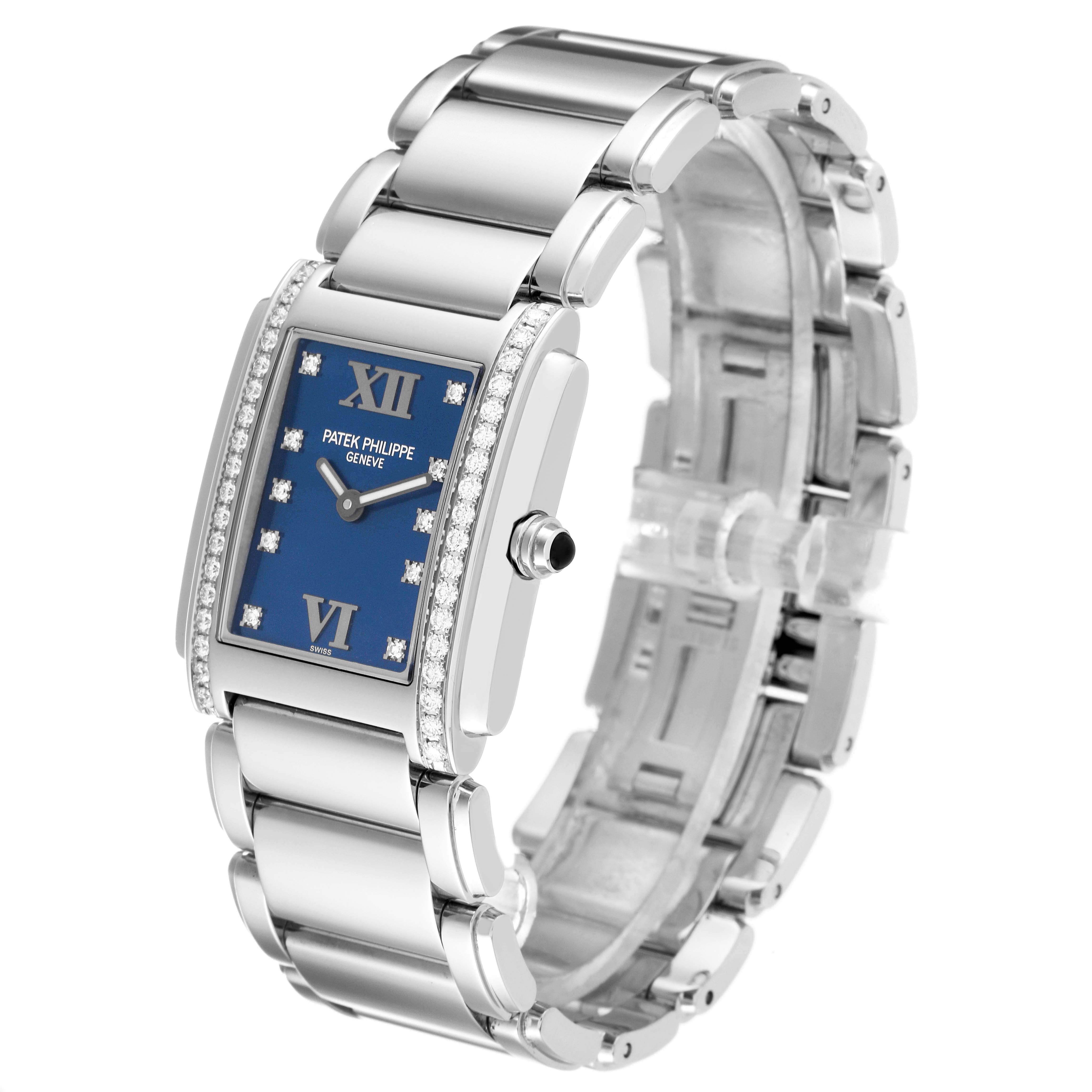 The image shows a Patek Philippe Twenty-4 4910/10A-012 Women's Stainless Steel Blue Dial 4910/10A-012 Women's Stainless Steel Blue Dial watch angled to reveal the face, side, and part of the bracelet.