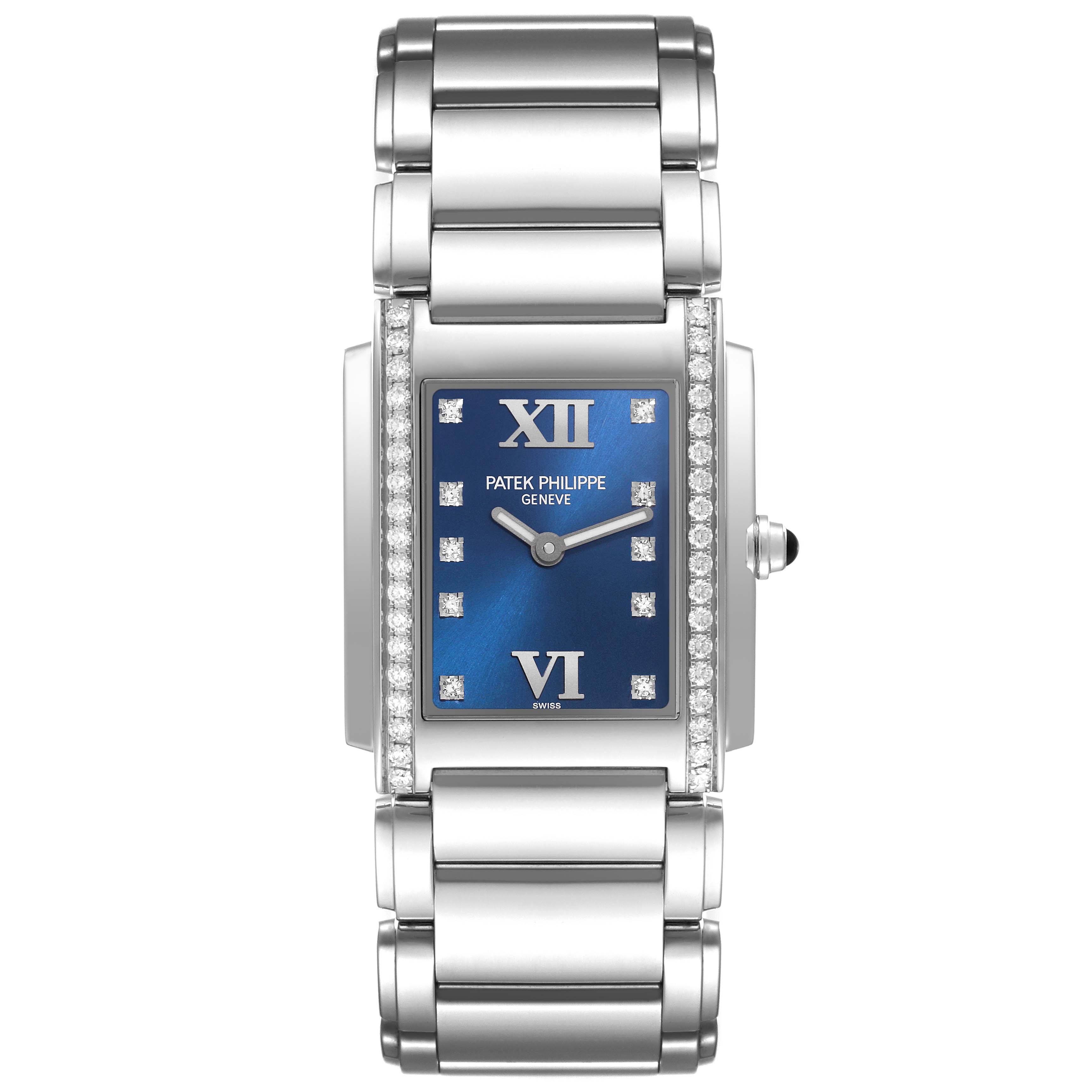 The Patek Philippe Twenty-4 4910/10A-012 Women's Stainless Steel Blue Dial 4910/10A-012 Women's Stainless Steel Blue Dial watch is shown from a front angle, displaying the blue dial, bracelet, and diamonds.