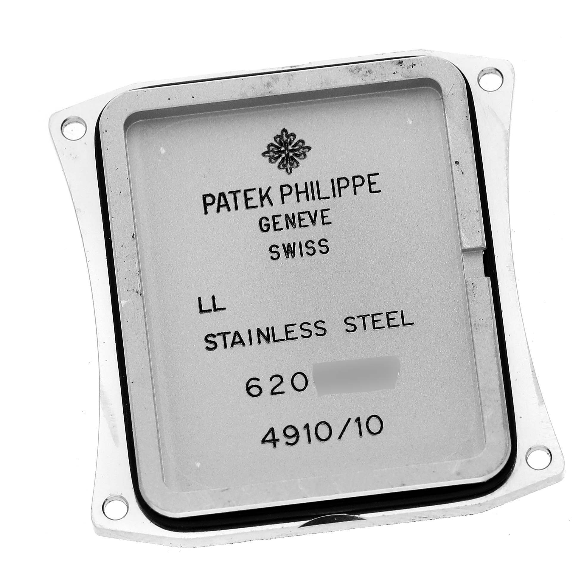 The image shows the stainless steel case back of a Patek Philippe Twenty-4 4910/10A-012 Women's Stainless Steel Blue Dial 4910/10A-012 Women's Stainless Steel Blue Dial model, viewed from the inside.