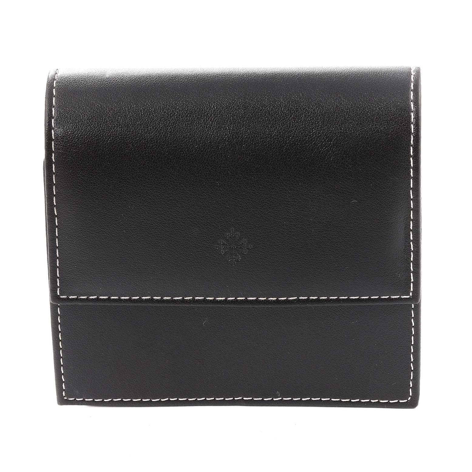 This is a front view of a black leather case for the Patek Philippe Twenty-4 4910/10A-012 Women's Stainless Steel Blue Dial 4910/10A-012 Women's Stainless Steel Blue Dial watch.