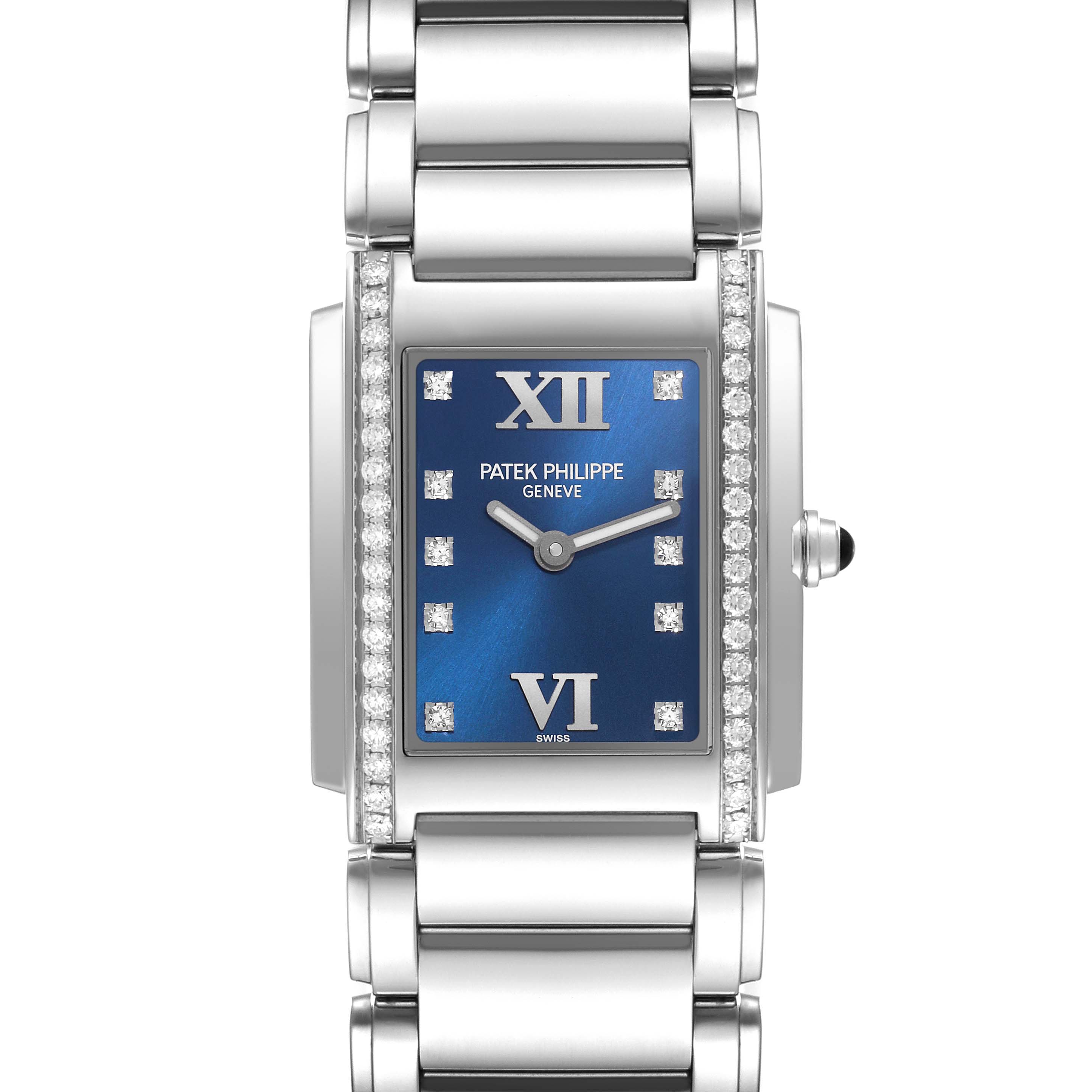 This image shows a front view of the Patek Philippe Twenty-4 4910/10A-012 Women's Stainless Steel Blue Dial 4910/10A-012 Women's Stainless Steel Blue Dial watch, highlighting its blue dial and diamond accents.