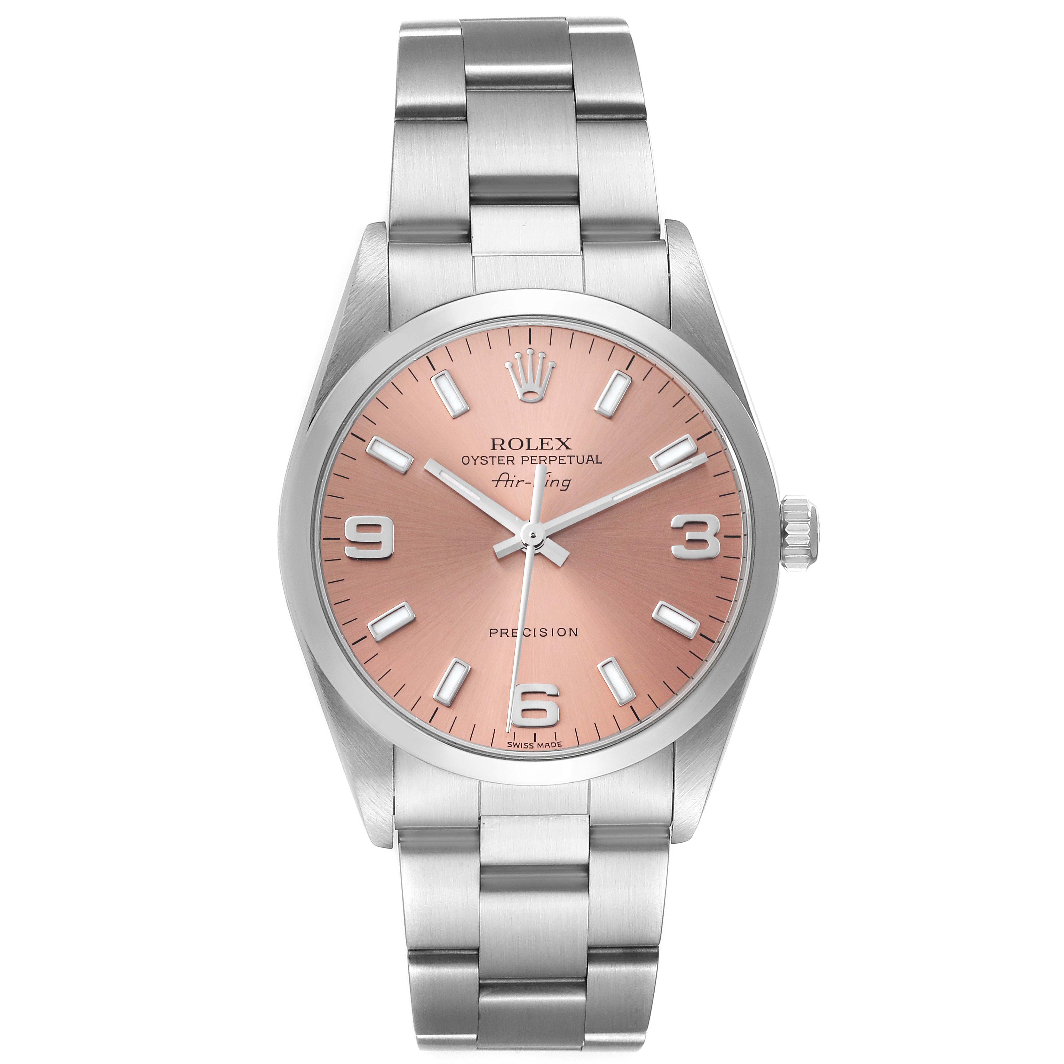 The image shows a front view of the Rolex Air-King 14000 Men's Stainless Steel Pink Dial 14000 Men's Stainless Steel Pink Dial watch, highlighting its face, bezel, and stainless steel bracelet.
