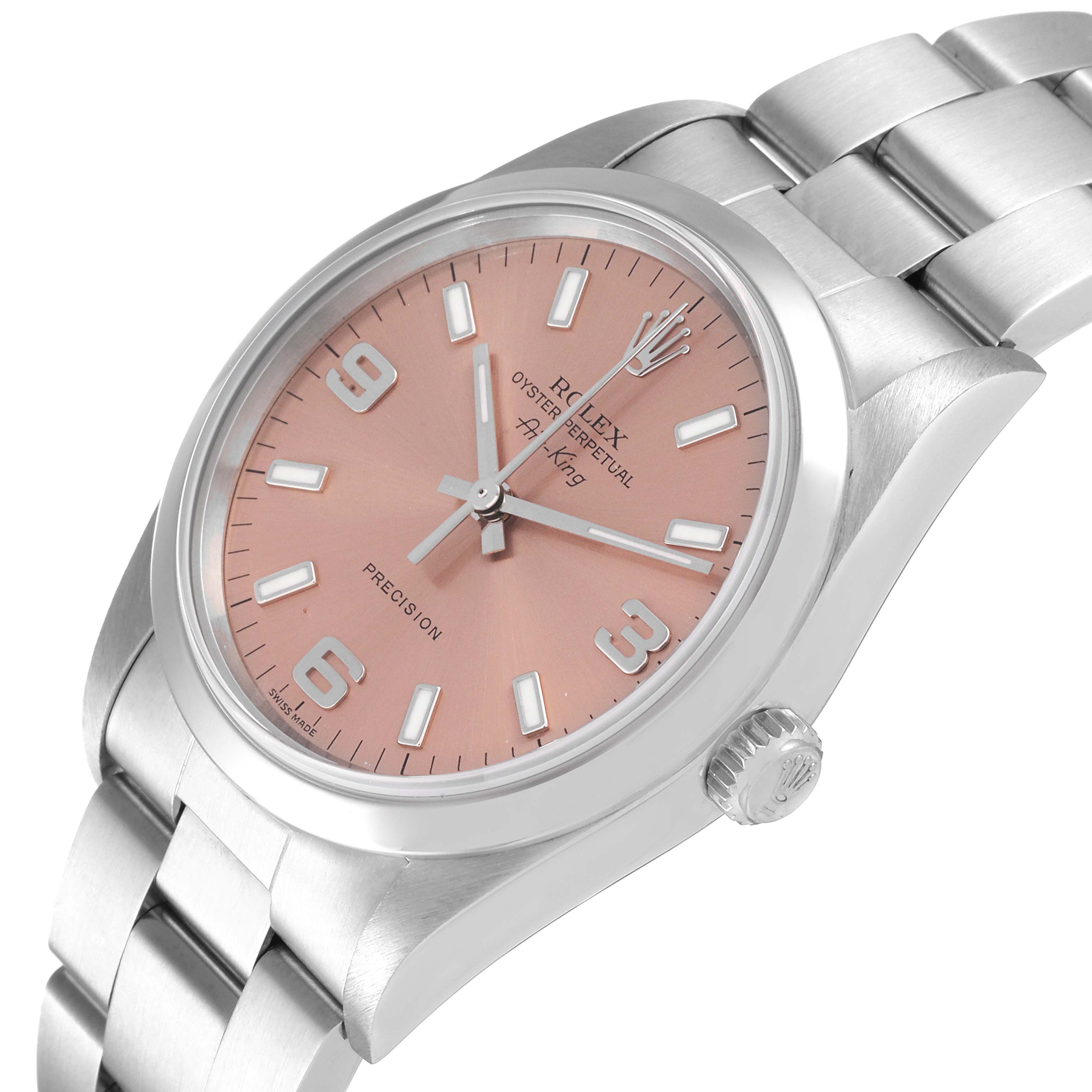 The Rolex Air-King 14000 Men's Stainless Steel Pink Dial 14000 Men's Stainless Steel Pink Dial watch is shown at a three-quarter angle, displaying its dial, case, crown, and bracelet.