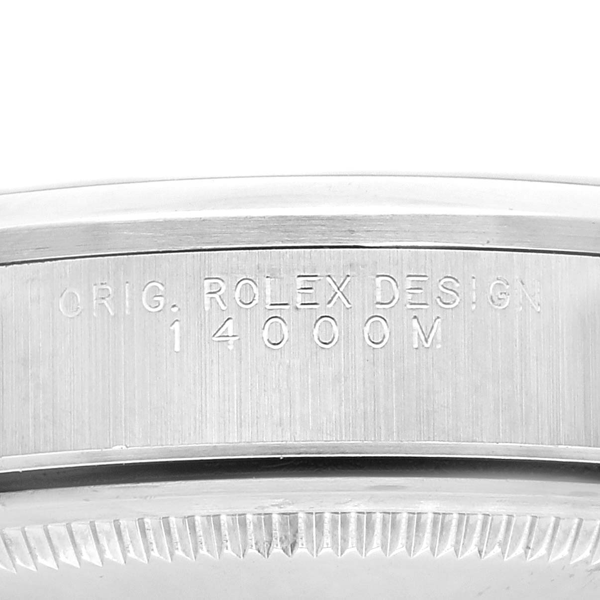 The image shows a close-up of the case side of the Rolex Air-King 14000 Men's Stainless Steel Pink Dial 14000 Men's Stainless Steel Pink Dial watch, highlighting the model number and Rolex design inscription.
