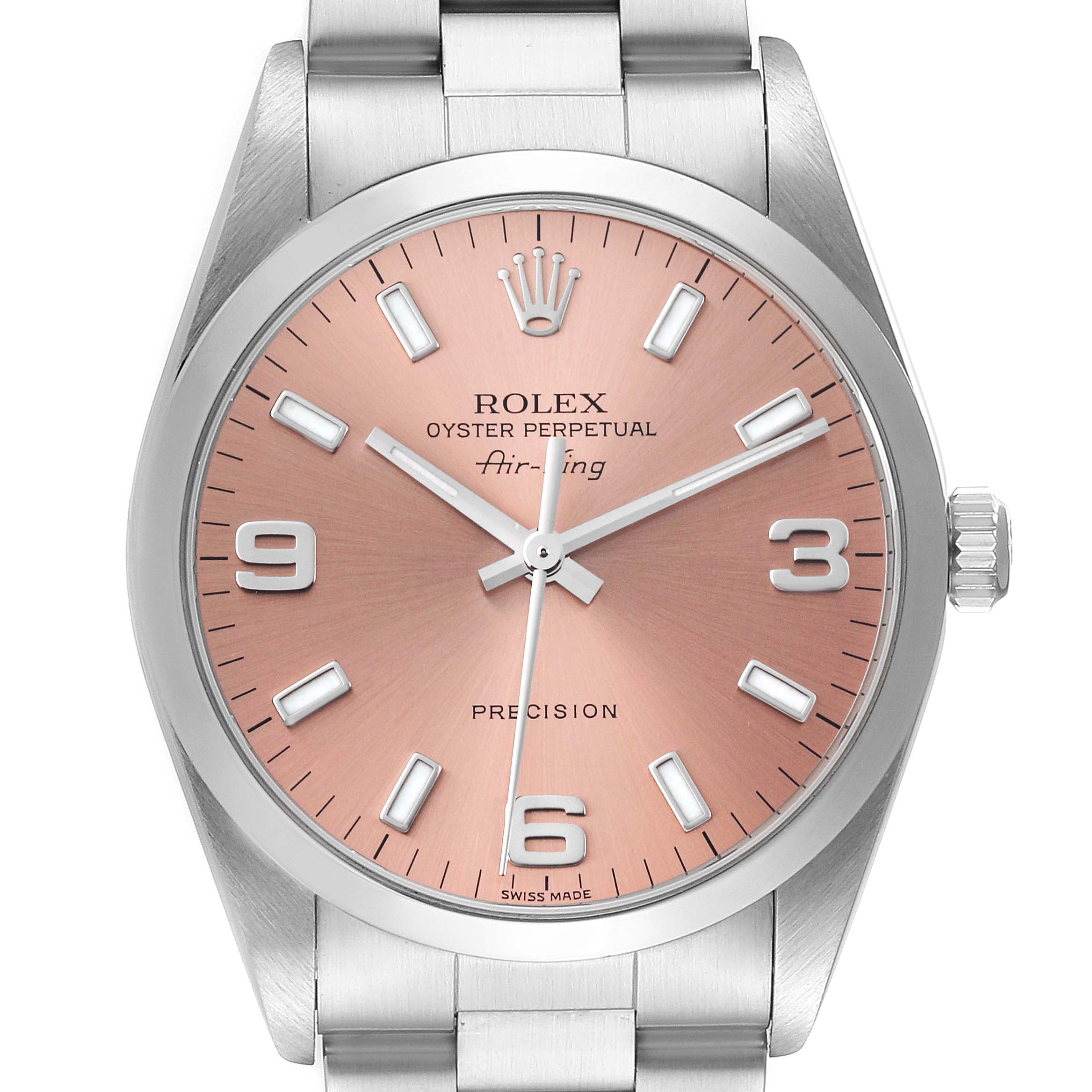 This image shows a close-up of the Rolex Air-King 14000 Men's Stainless Steel Pink Dial 14000 Men's Stainless Steel Pink Dial watch face, crown, and part of the bracelet at a frontal angle.