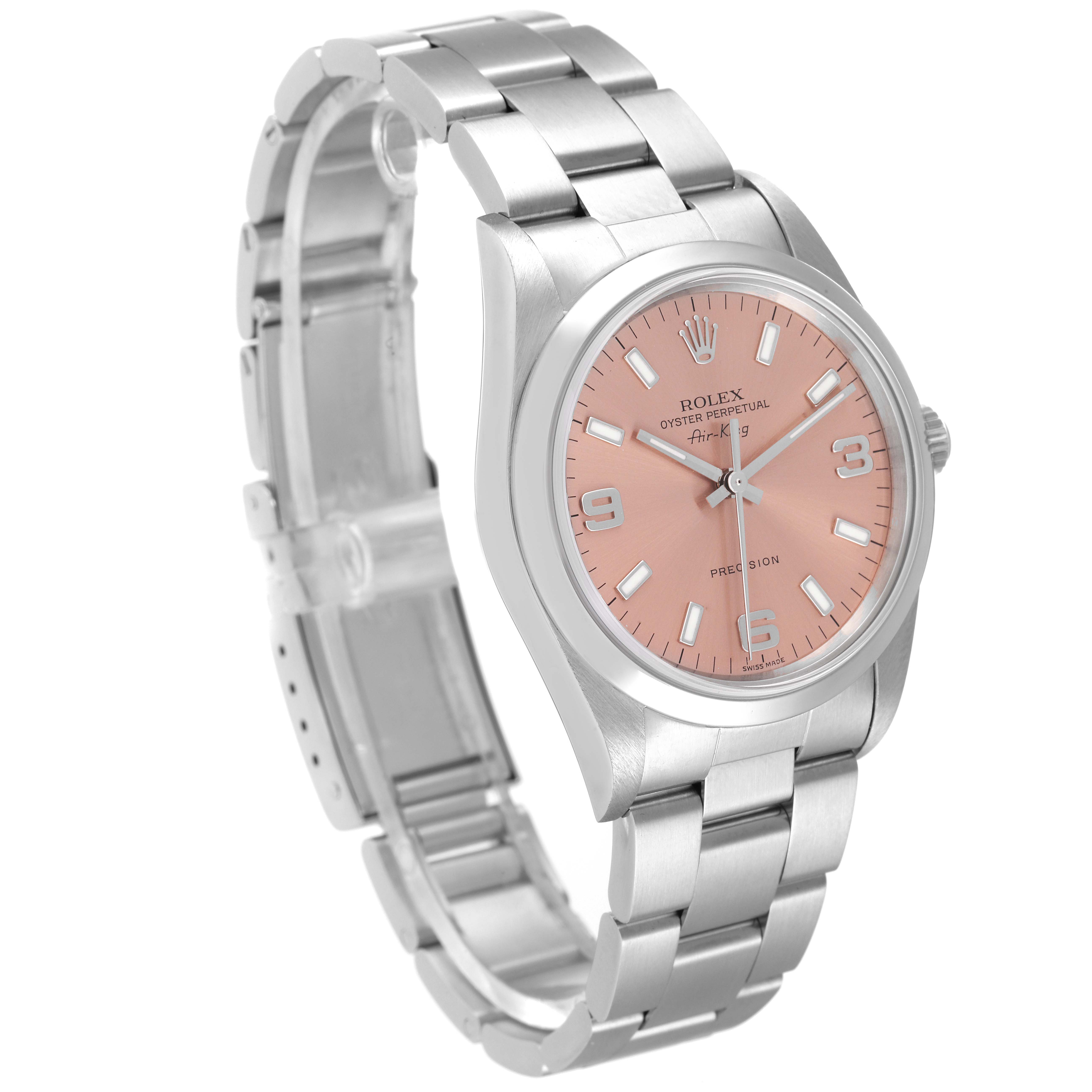This Rolex Air-King 14000 Men's Stainless Steel Pink Dial 14000 Men's Stainless Steel Pink Dial watch is shown at a three-quarter angle, highlighting its face, case, and bracelet.