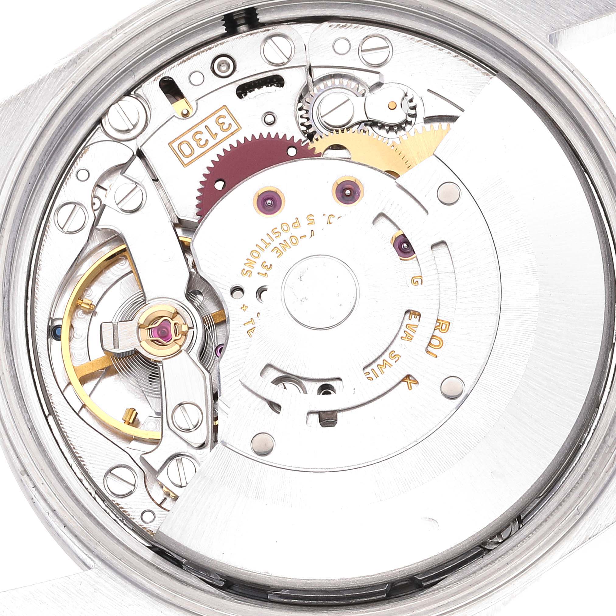 This image shows a close-up of the movement mechanism inside a Rolex Air-King 14000 Men's Stainless Steel Pink Dial 14000 Men's Stainless Steel Pink Dial watch from a top-down angle.