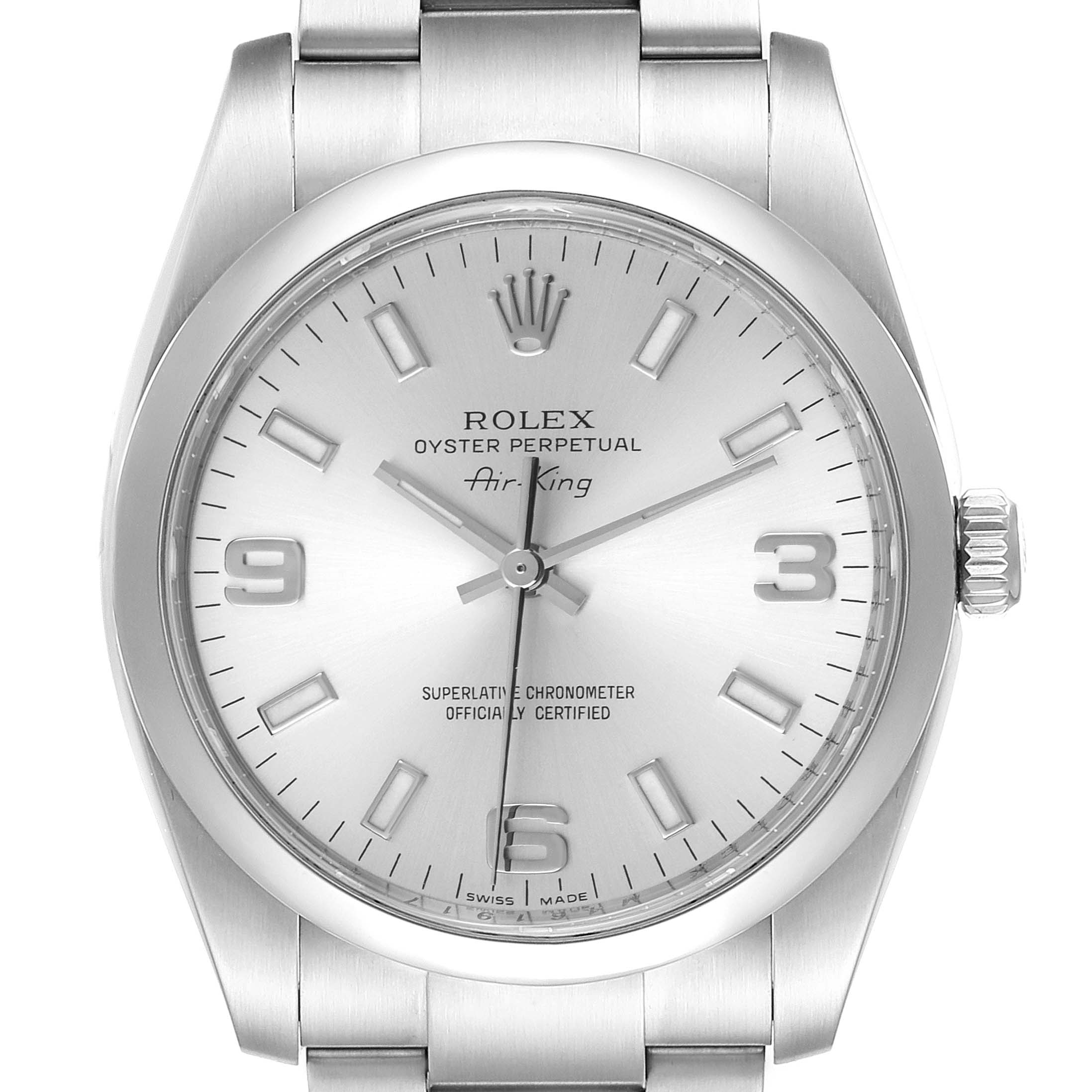 This image shows a Rolex Air-King 114200 Men's Stainless Steel Silver Dial 114200 Men's Stainless Steel Silver Dial watch from a front angle, displaying its face, bezel, and part of the bracelet.