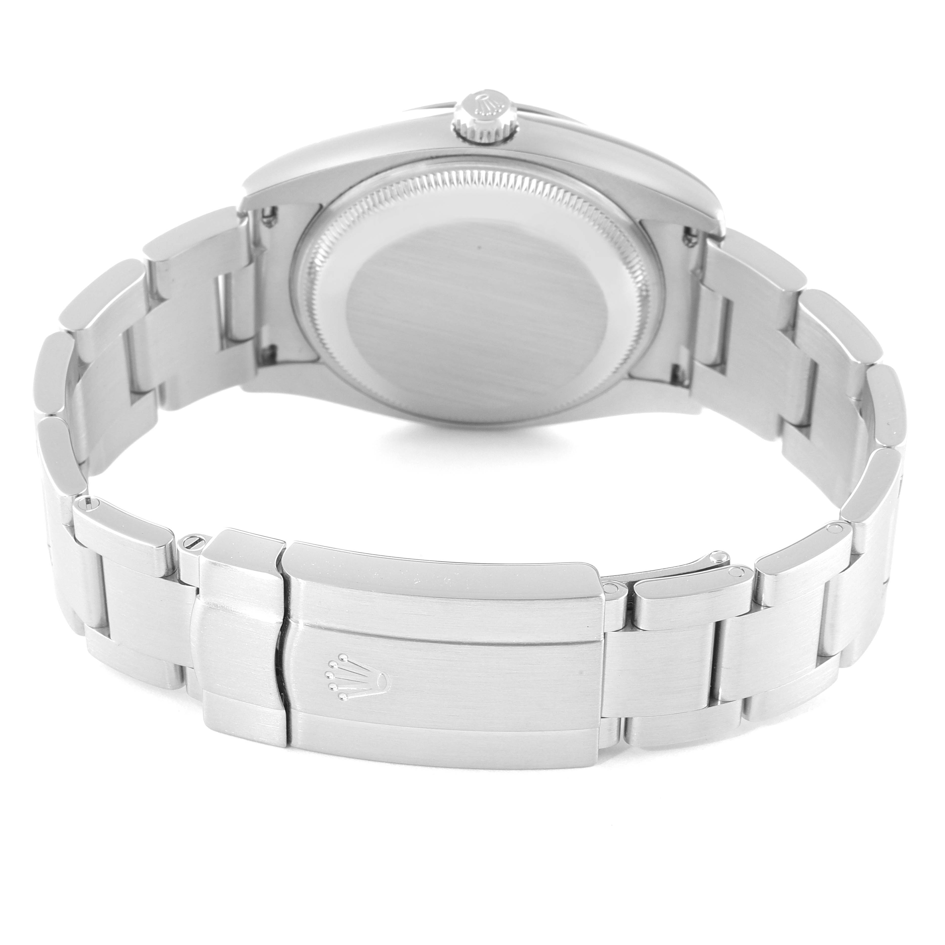 This image shows the back and bracelet of a Rolex Air-King 114200 Men's Stainless Steel Silver Dial 114200 Men's Stainless Steel Silver Dial watch from a slightly elevated angle.