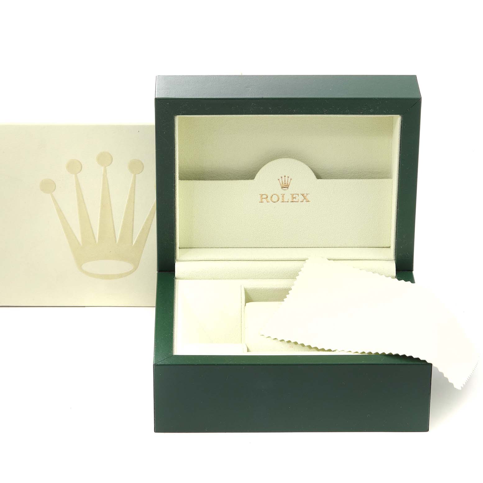 This image shows an open Rolex Air-King 114200 Men's Stainless Steel Silver Dial 114200 Men's Stainless Steel Silver Dial watch box, including a cleaning cloth and the packaging.