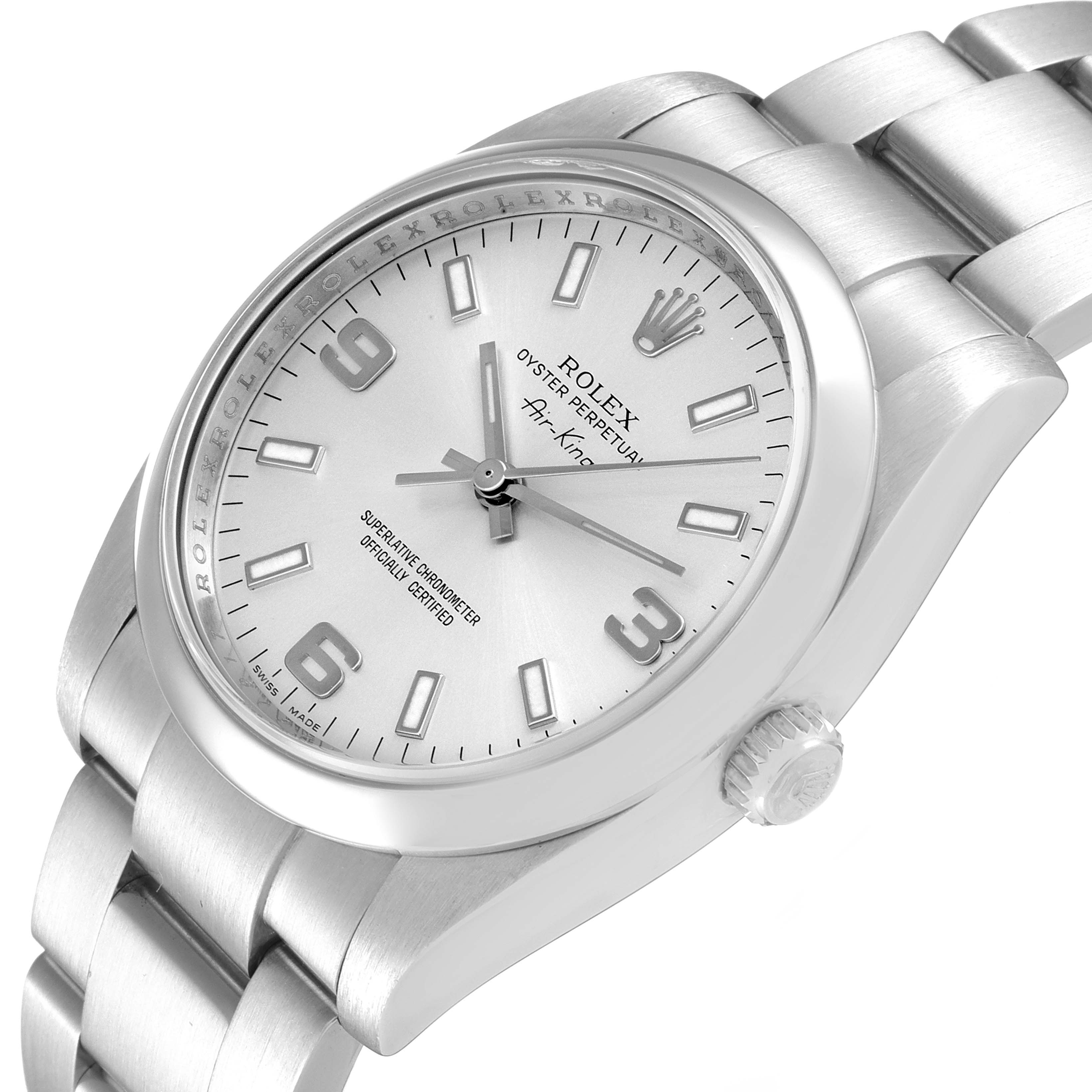 This Rolex Air-King 114200 Men's Stainless Steel Silver Dial 114200 Men's Stainless Steel Silver Dial watch is shown at a slight angle, displaying the face, crown, bracelet, and case.